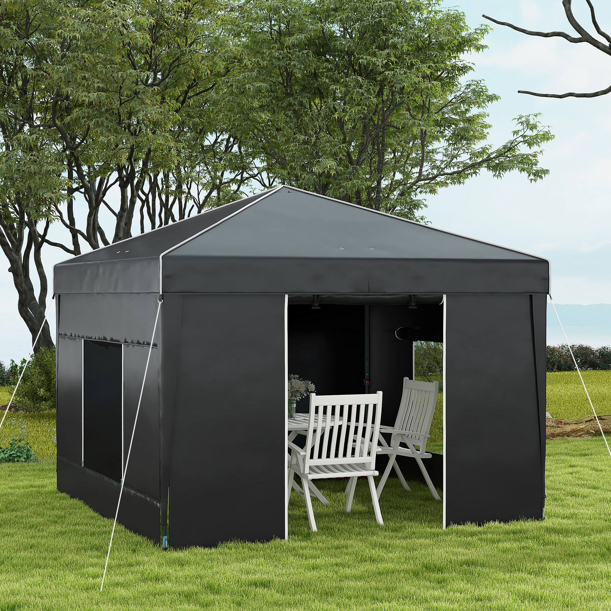 Alt View 1. Outsunny - 9.7' x 9.7' Pop Up Canopy with Sidewalls, Portable Canopy Tent with 2 Mesh Windows, Reflective Strips - Black.
