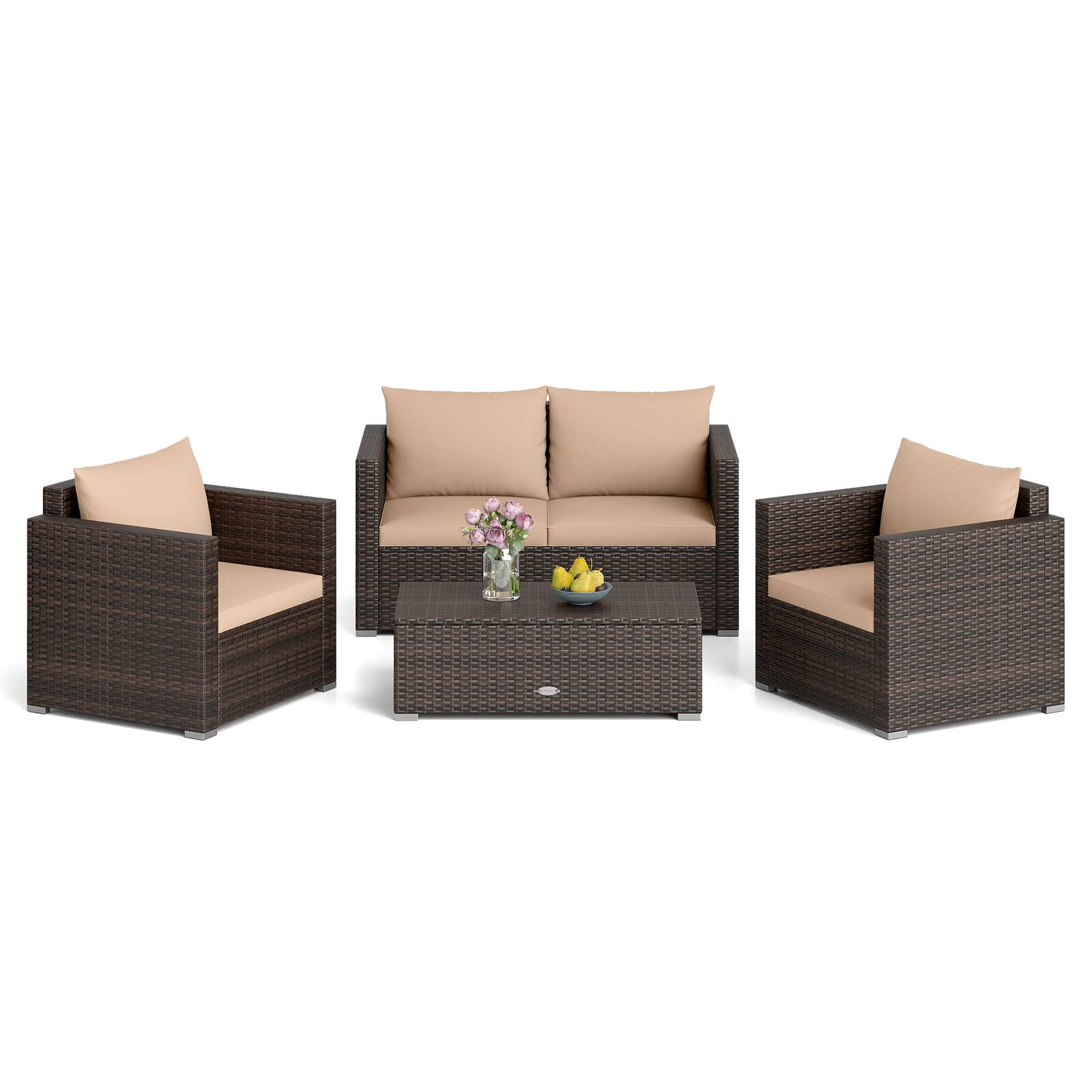 Alt View 1. Costway - Costway 4-Piece Patio Rattan Wicker Conversation Set with Padded Cushion & Coffee Table - Mix Brown+Brown.