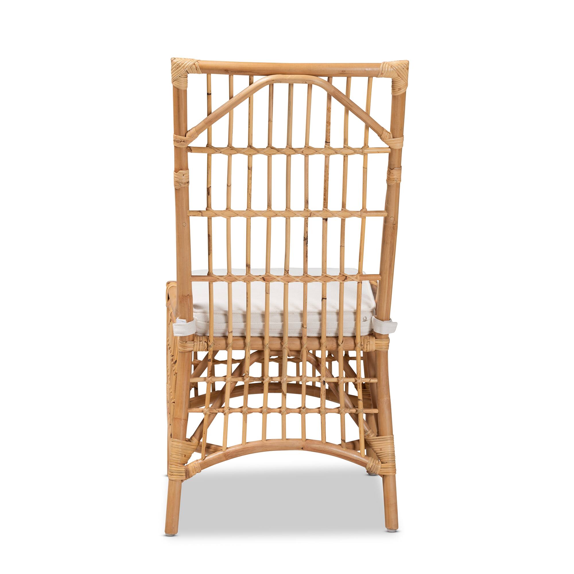 Back. bali & pari - Rose Modern Bohemian Fabric Upholstered and Rattan Dining Chair - White/Natural Brown.