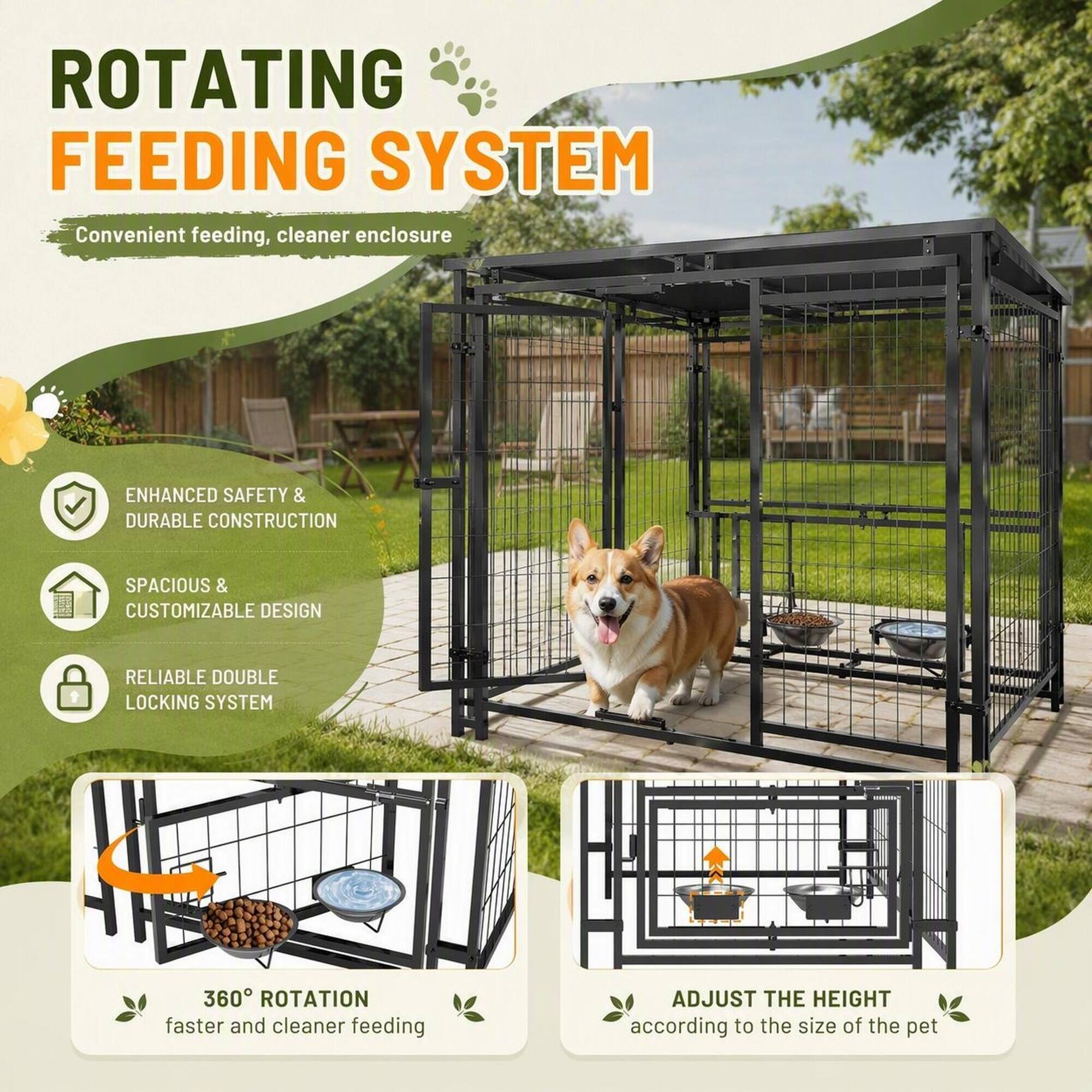 ROTATING FEEDING SYSTEM  
Convenient feeding, cleaner enclosure  

ENHANCED SAFETY & DURABLE CONSTRUCTION  
SPACIOUS & CUSTOMIZABLE DESIGN  
RELIABLE DOUBLE LOCKING SYSTEM  

360° ROTATION  
faster and cleaner feeding  

ADJUST THE HEIGHT  
according to the size of the pet