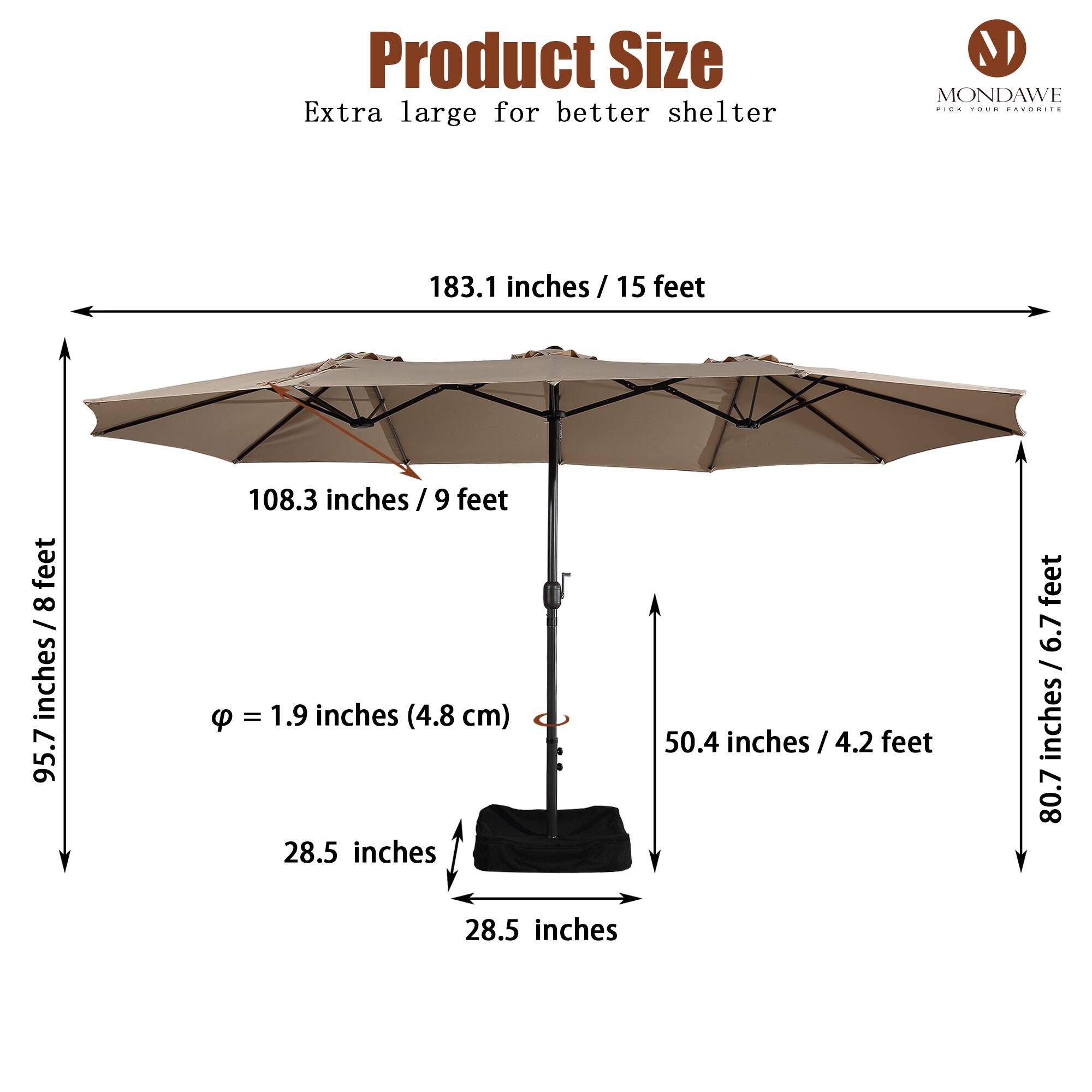 Product Size  
Extra large for better shelter  

- 183.1 inches / 15 feet  
- 108.3 inches / 9 feet  
- 95.7 inches / 8 feet  
- 50.4 inches / 4.2 feet  
- 80.7 inches / 6.7 feet  
- 28.5 inches  
- 28.5 inches  
- φ = 1.9 inches (4.8 cm)