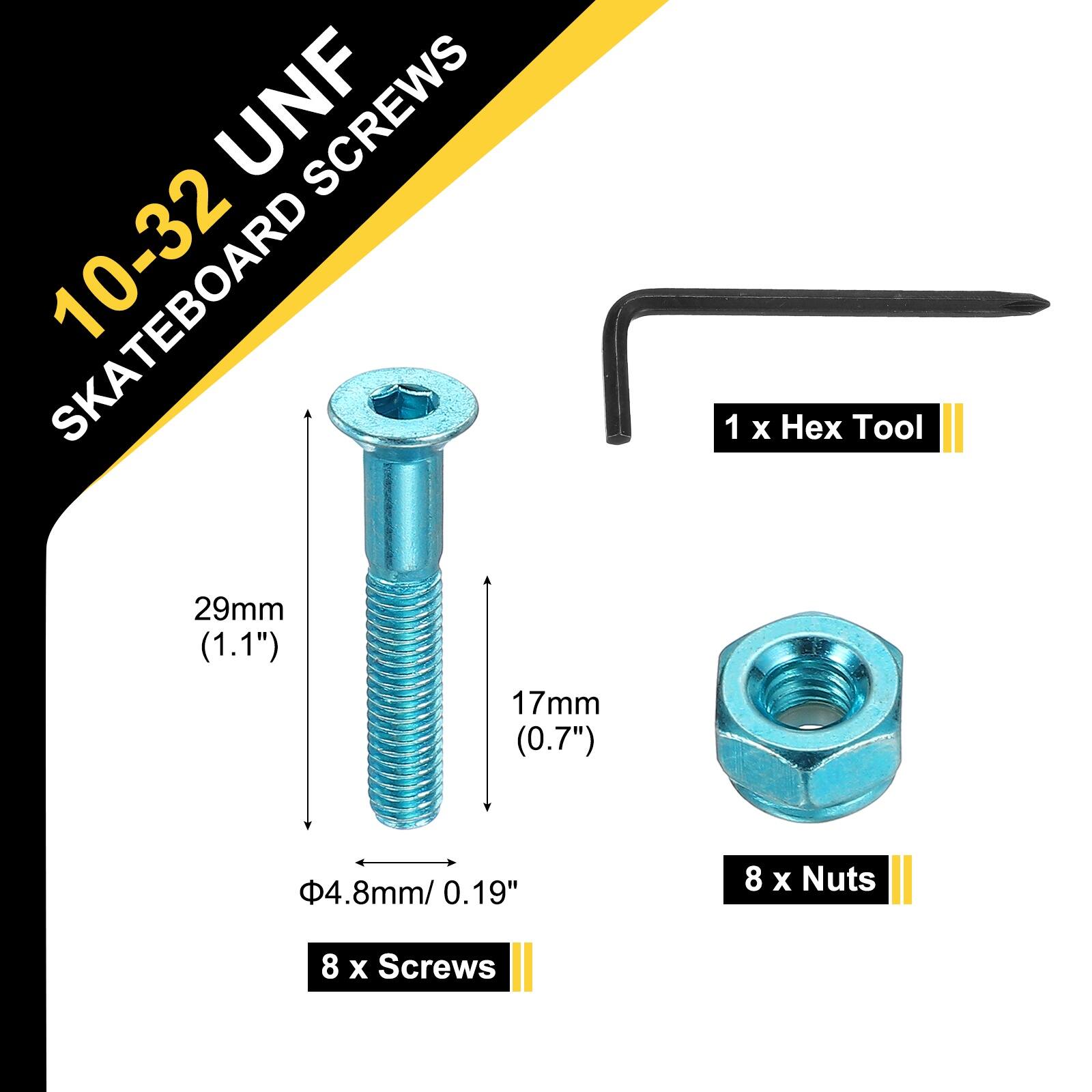 10-32 UNF SKATEBOARD SCREWS

29mm (1.1")  
17mm (0.7")  
1 x Hex Tool 4.8mm/ 0.19"  
8 x Nuts  
8 x Screws