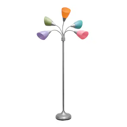 Front. Simple Designs - 5 Light Adjustable Gooseneck Floor Lamp - Silver/Fun Multicolored Shades.