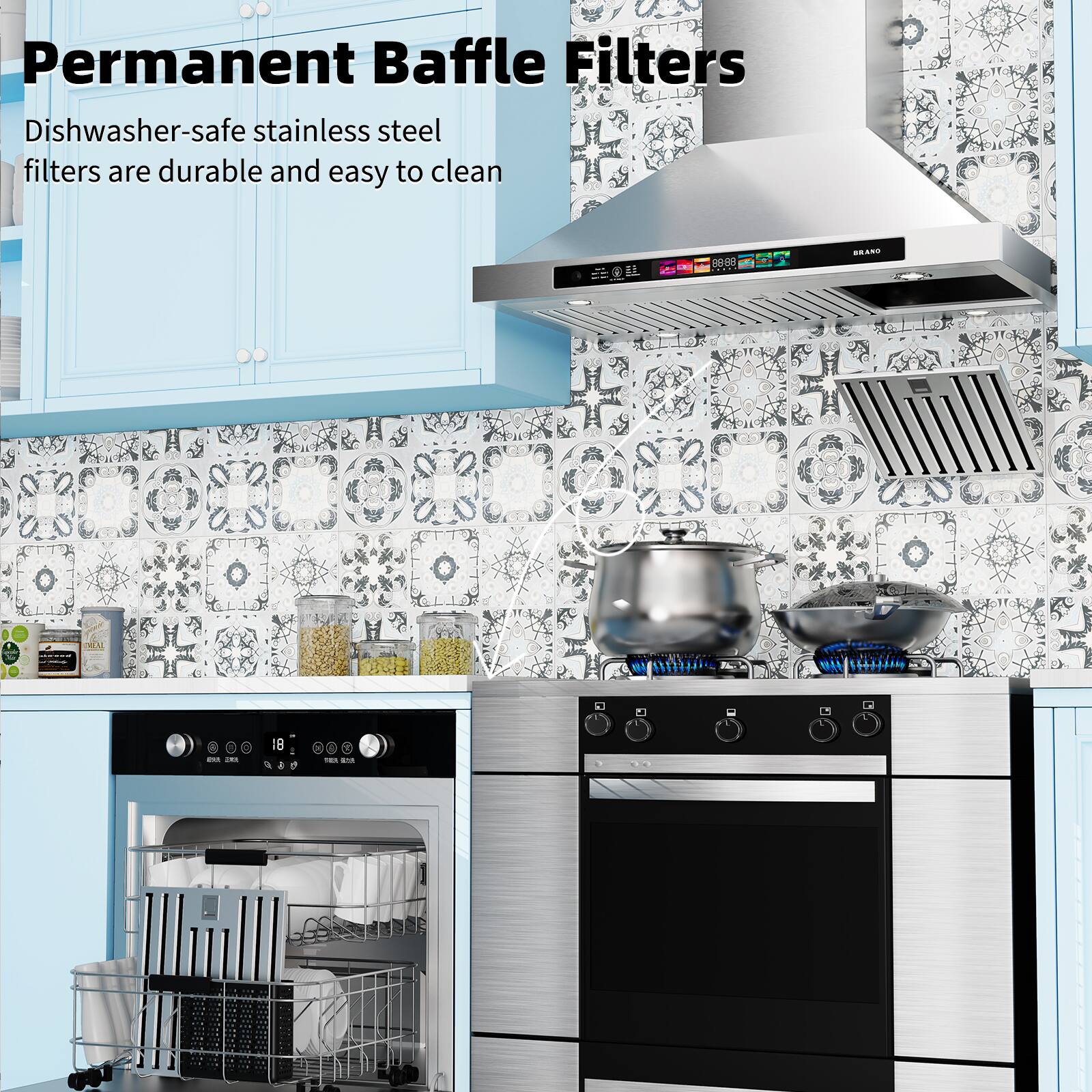 Permanent Baffle Filters  
Dishwasher-safe stainless steel filters are durable and easy to clean
