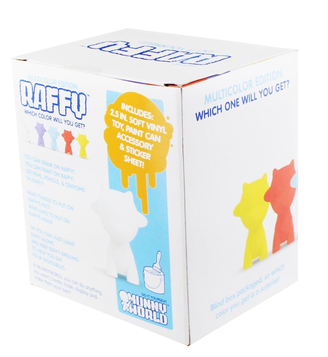 **Multicolor Edition**

**Raffy**

**Which One Will You Get?**

**Includes:**
- 2.5 in. Soft Vinyl Toy
- Paint Can Accessory
- Sticker Sheet!

**You can draw on Raffy!**
- Use paint on Raffy!
- Pens & Crayons
- Make things to put on Raffy's feet
- Hats to put on Raffy's head
- Or you can just leave Raffy alone

**Do it yourself!**
- Create your own display
- Make them your own!

**Blind box packaged, so which color you get is a surprise!**