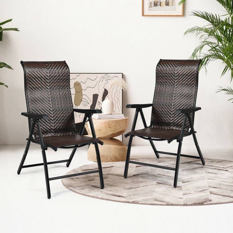 Left. Hivvago - Outdoor Folding Steel Frame Rattan Patio Chair with Armrest in Brown - Brown.