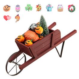 Gymax - Wooden Wagon Planter Decorative Indoor/ Outdoor Rustic Flower Cart w/ Wheel - Red