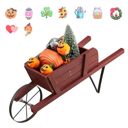 Front. Gymax - Gymax Wooden Wagon Planter Decorative Indoor/ Outdoor Rustic Flower Cart w/ Wheel Red - Red.