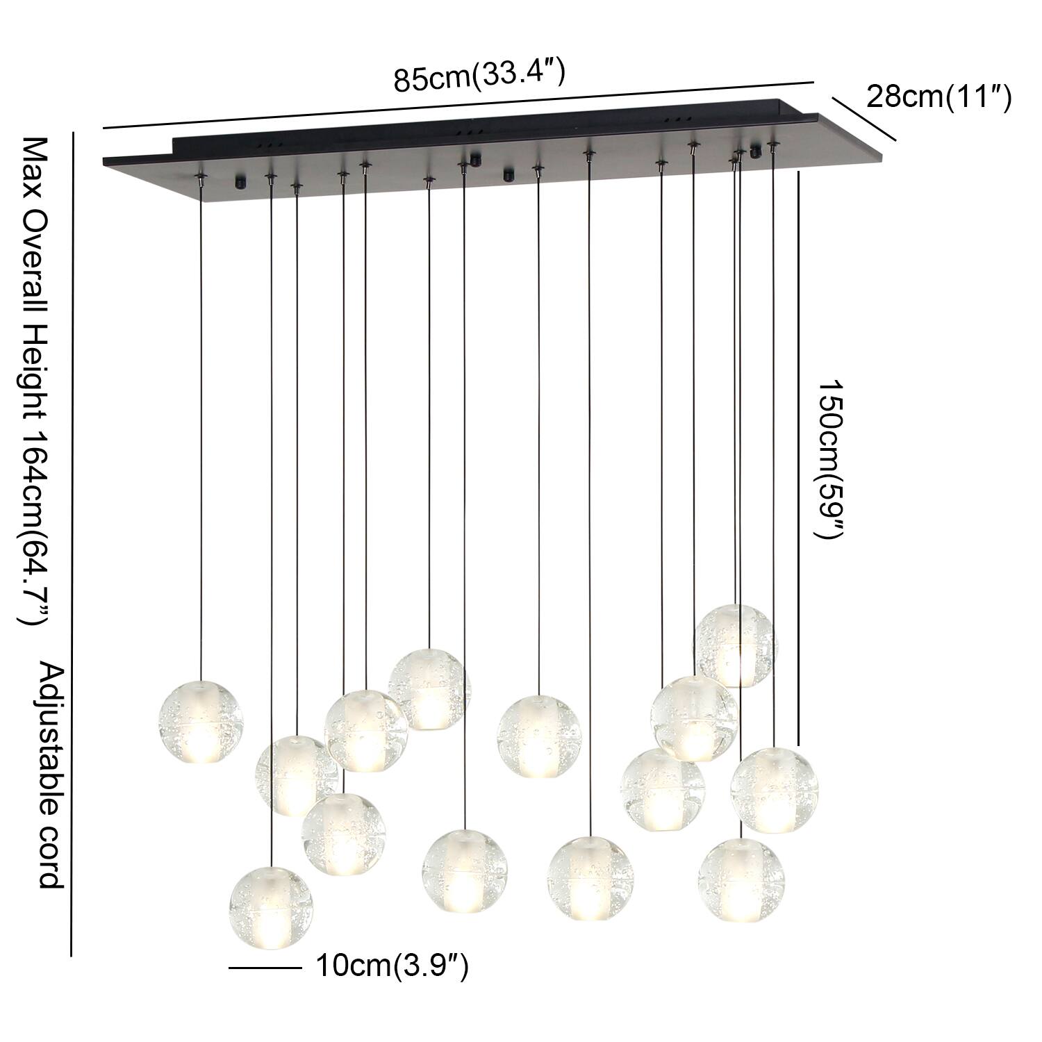 Max Overall Height: 164cm (64.7")  
Adjustable cord: 85cm (33.4")  
28cm (11")  
150cm (59")  
10cm (3.9")