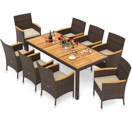 Gymax - 9 Pieces Patio PE Wicker Dining Set Outdoor Acacia Wood Table & Chairs - Brown, Beige