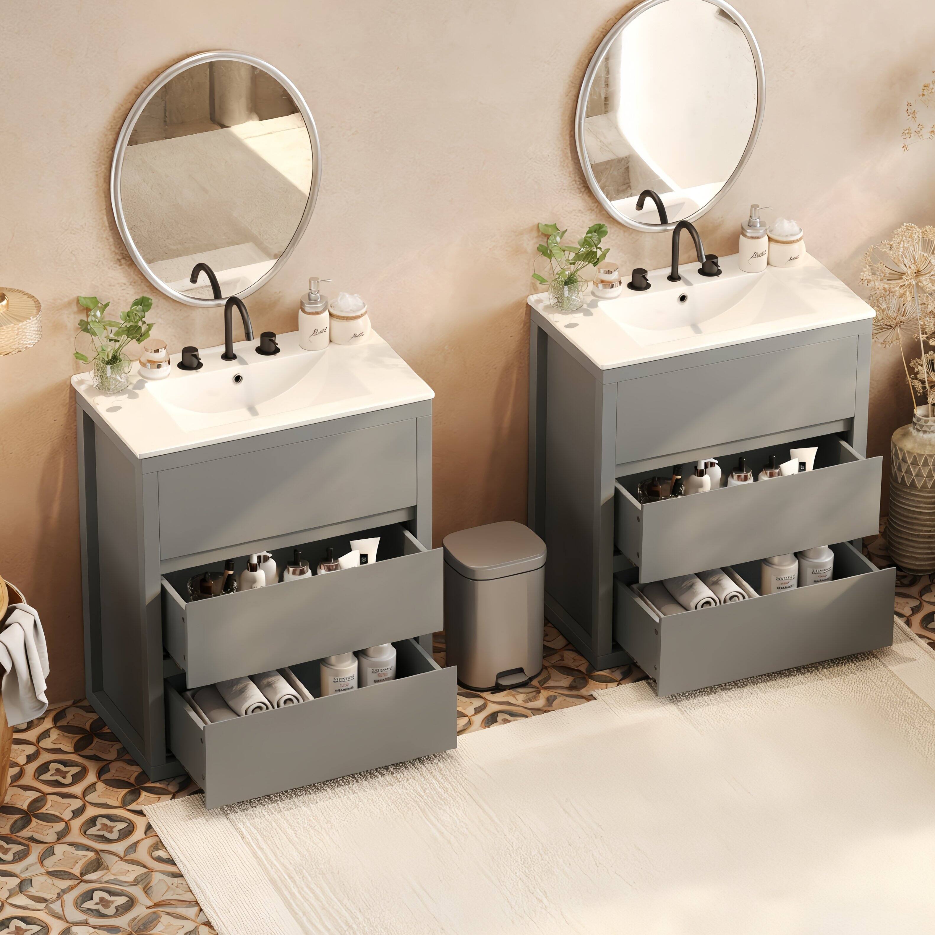 Left. Loheer - 5 ft Double Sink Bathroom Vanity Set with Ceramic Sinks Soft Close Drawers for Main Bath - Gray.