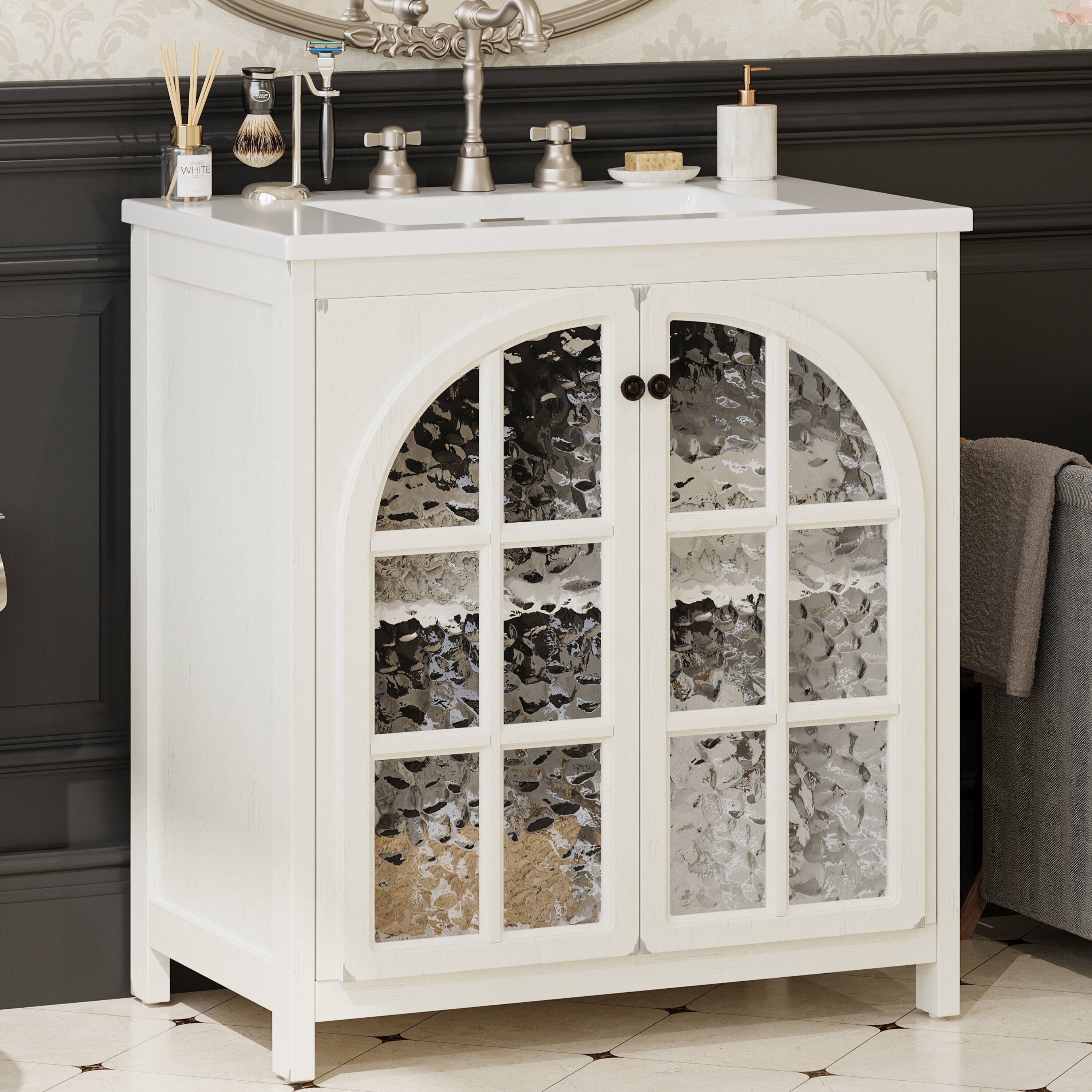 Angle. Bestier - 31in Farmhouse Bathroom Vanity with Ceramic Sink Vintage Rustic Bathroom Cabinet, Antique White - White.