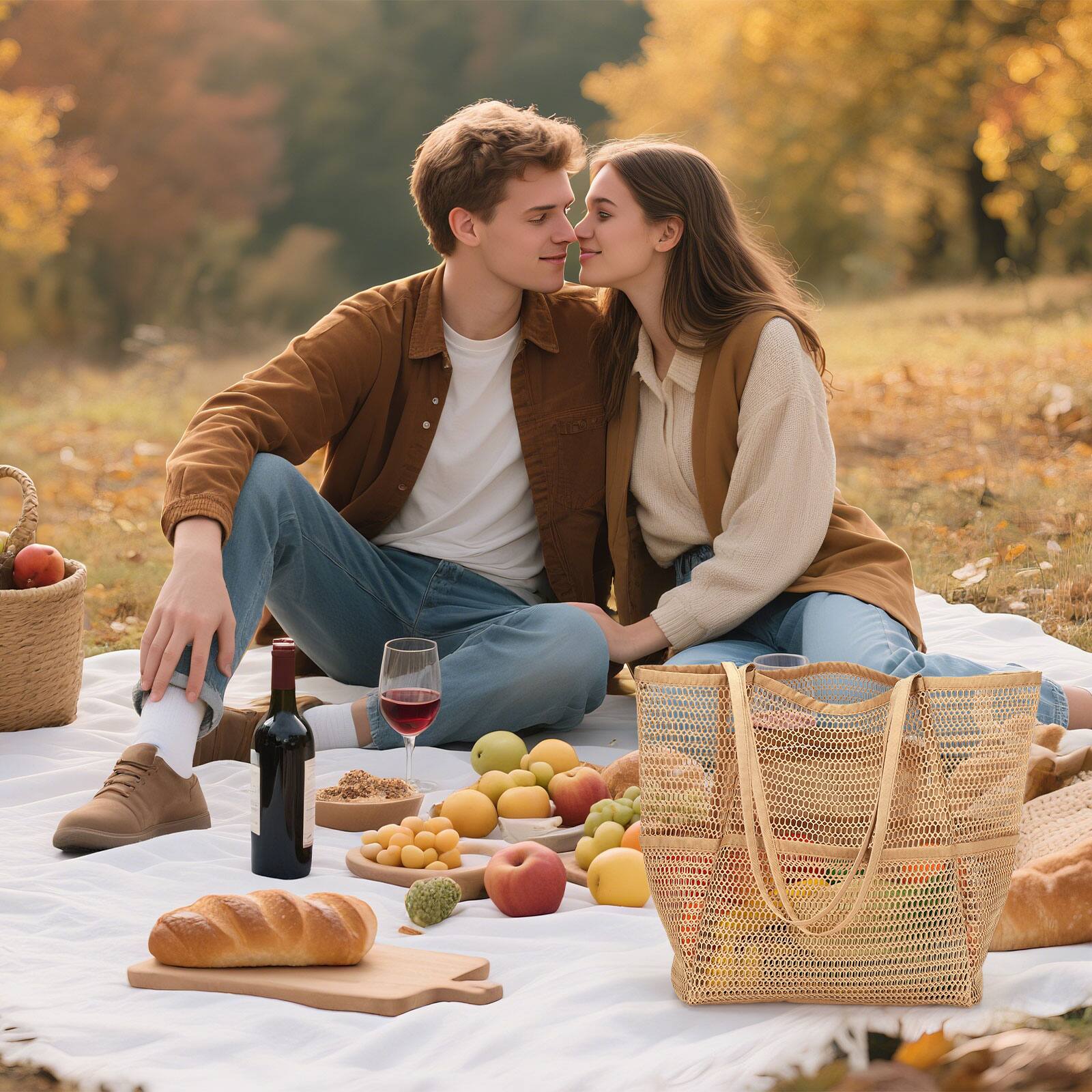 Alt View 5. Unique Bargains - Woven Tote Bag Foldable Large Capacity Mesh Shoulder Bag with Waterproof Bottom Retro Handle Tote Handbag for Daily - Khaki.