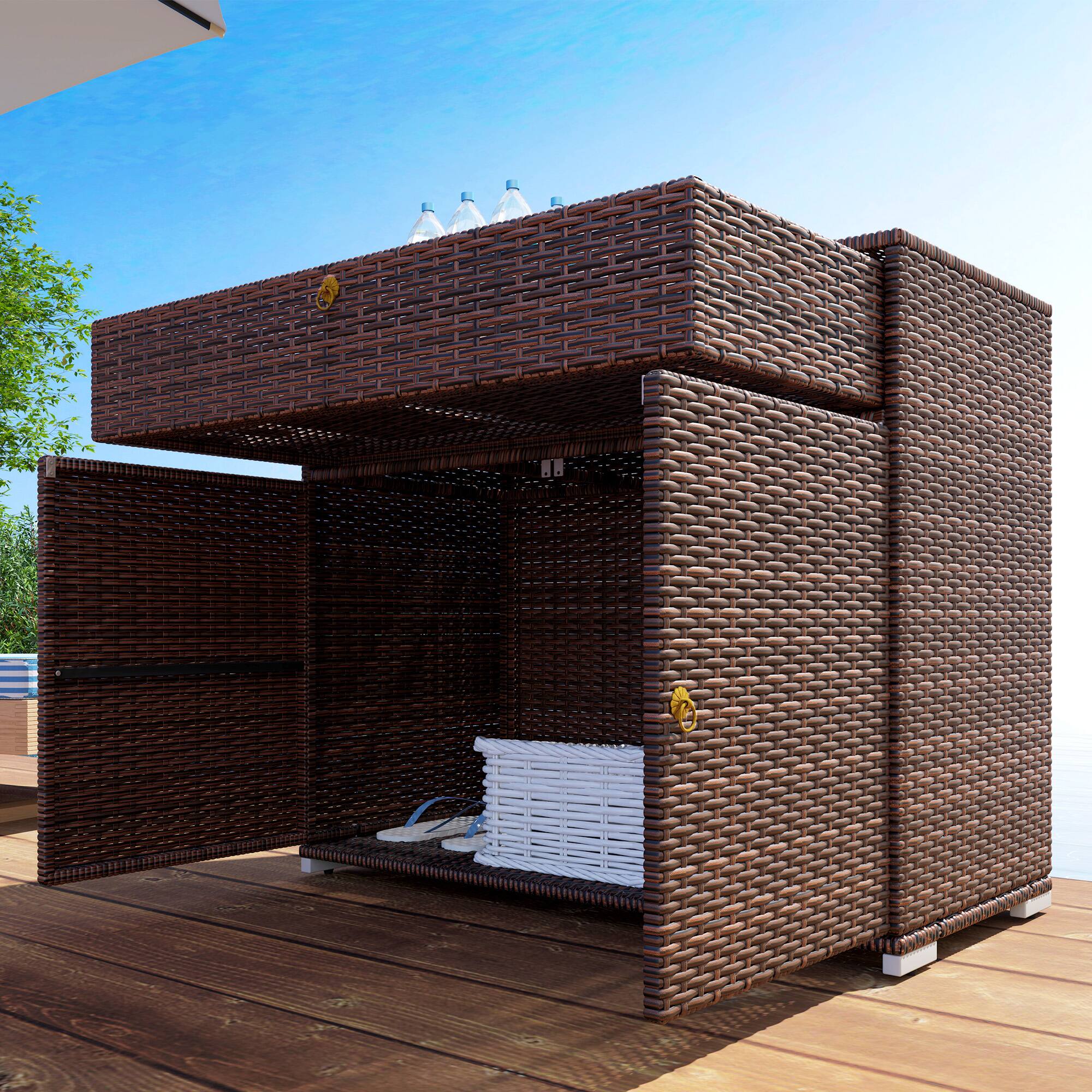 Alt View 8. Outsunny - Wicker Outdoor Storage Cabinet, Pool Towel Storage Cabinet with Drawer, Freestanding PE Rattan Pool Towel Holder - Brown.
