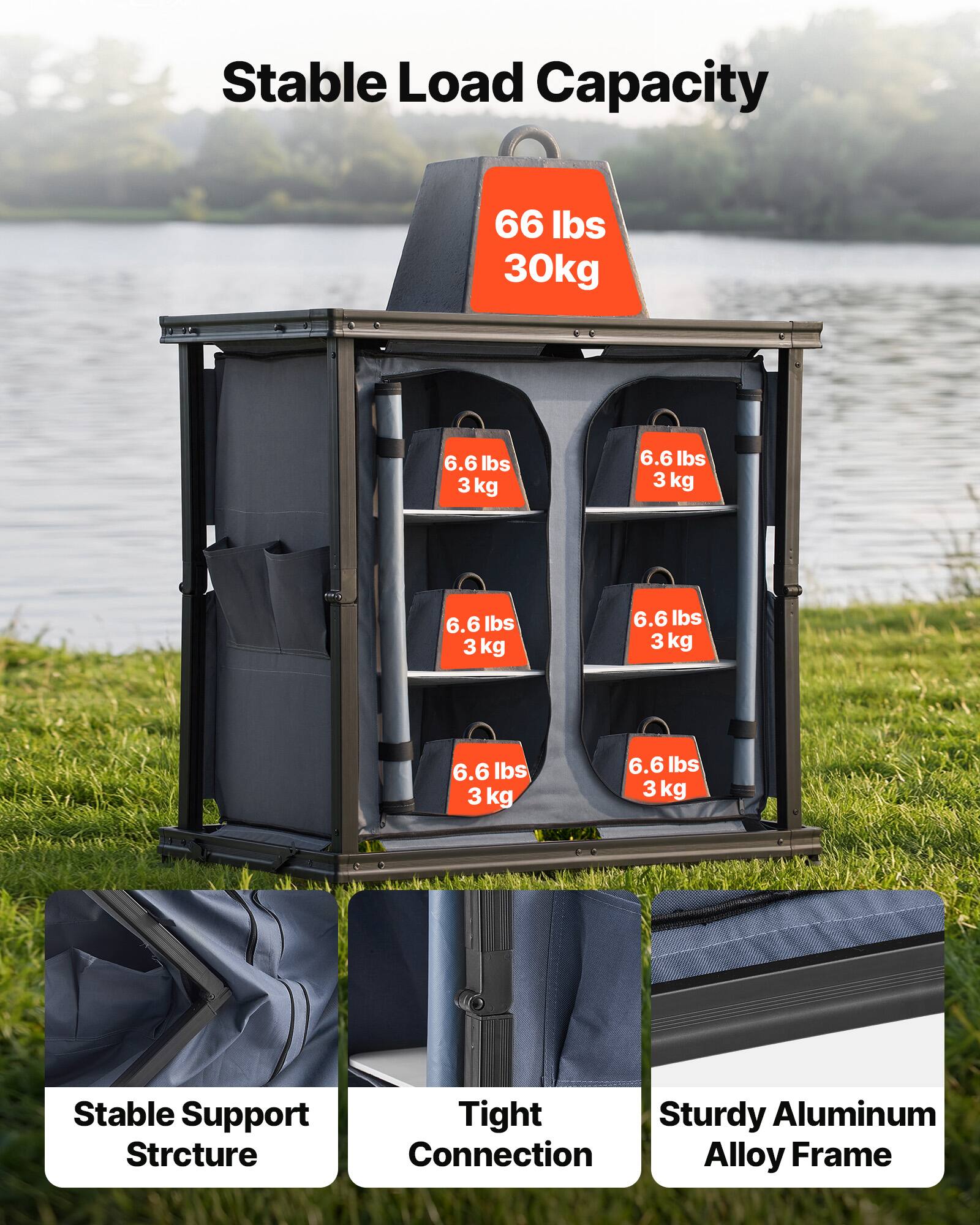 Stable Load Capacity 66 lbs 30kg

6.6 lbs 3 kg

Stable Support Structure

Tight Sturdy Aluminum Connection

Alloy Frame