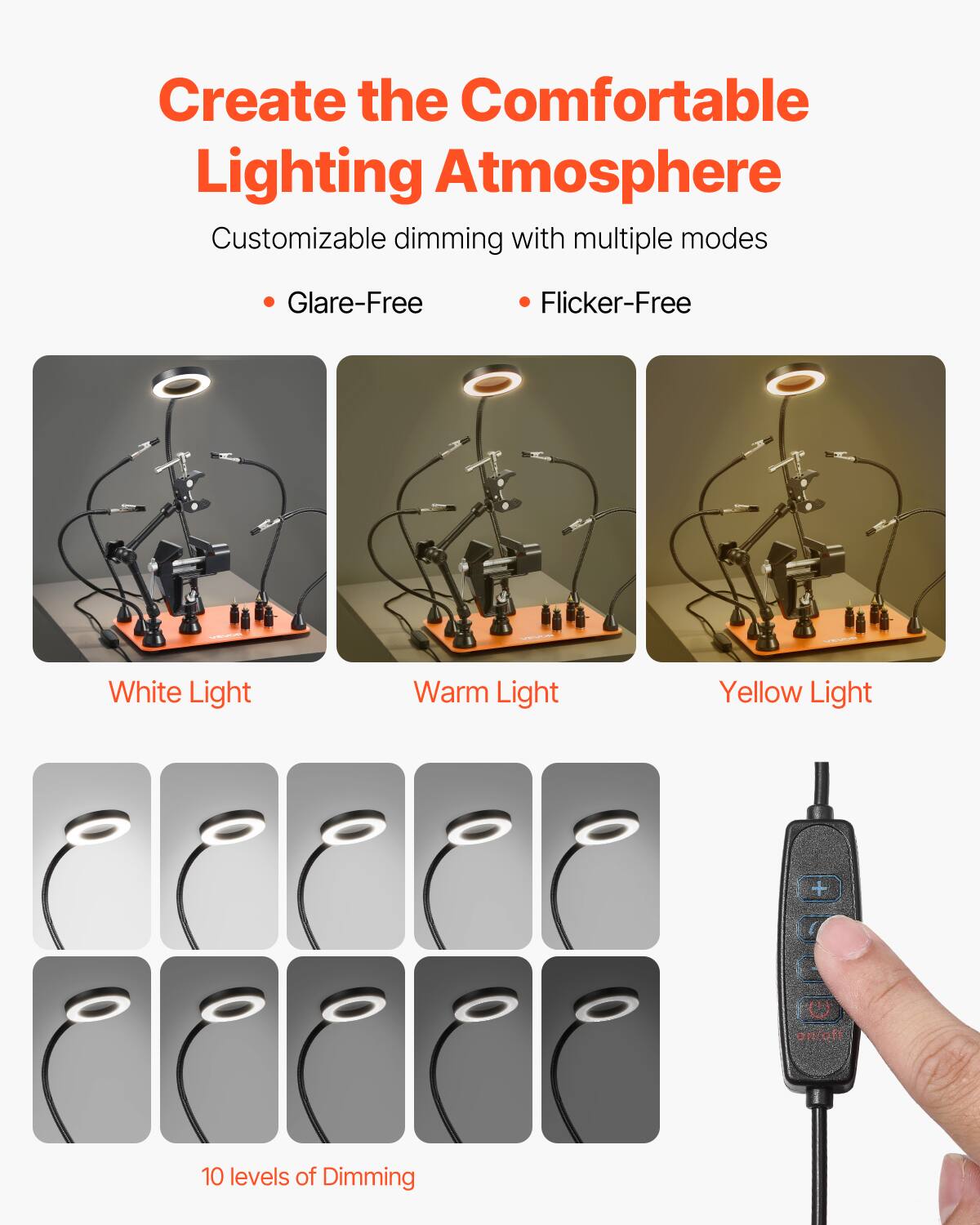 Create the Comfortable Lighting Atmosphere

Customizable dimming with multiple modes

- Glare-Free
- Flicker-Free

White Light
Warm Light
Yellow Light

10 levels of Dimming