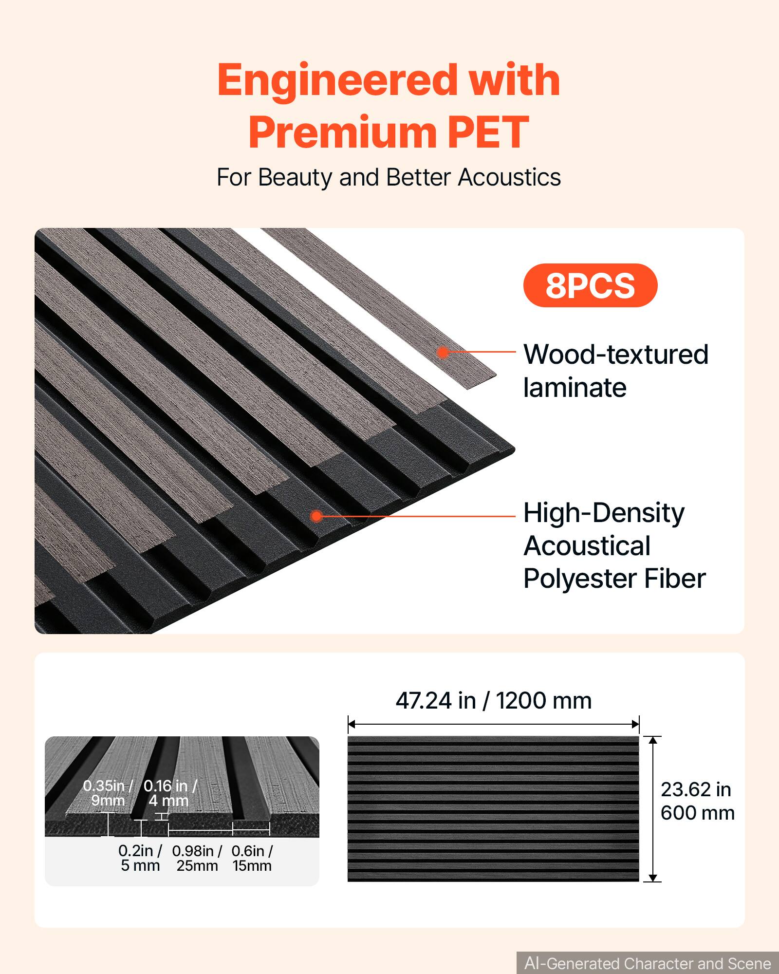 Engineered with Premium PET For Beauty and Better Acoustics

8PCS

Wood-textured laminate

High-Density Acoustical Polyester Fiber

47.24 in / 1200 mm

0.35 in / 0.16 in / 9 mm / 4 mm

23.62 in / 600 mm

0.2 in / 0.98 in / 0.6 in / 5 mm / 25 mm / 15 mm

AI-Generated Character and Scene