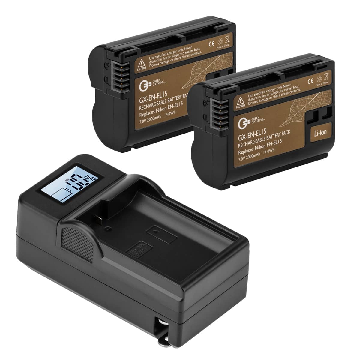 Green Extreme - EN-EL15 7V Li-Ion Battery, 2-Pack, w/Compact Charger Base