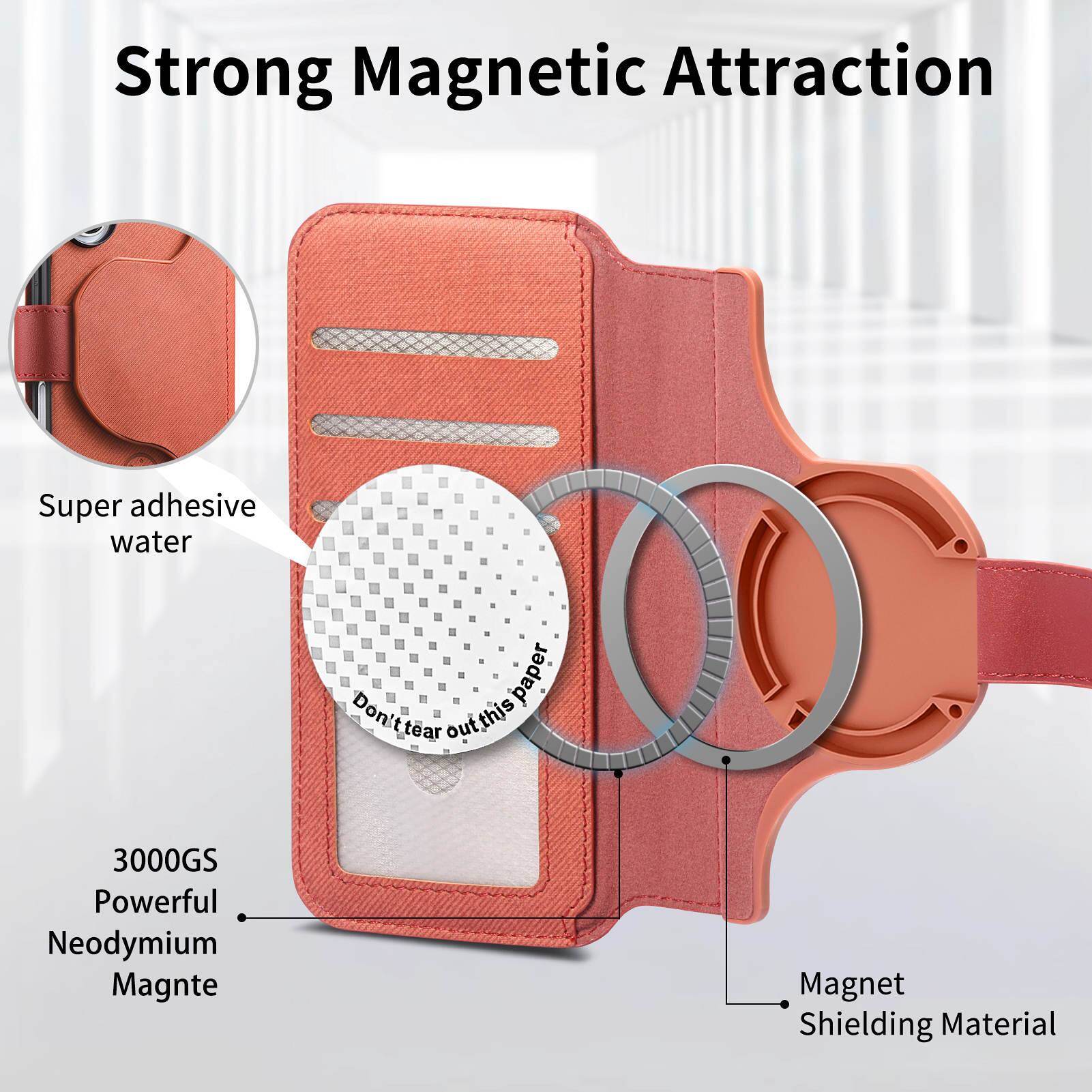 Strong Magnetic Attraction  
Super adhesive water paper  
Don't tear out this paper  
3000GS Powerful Neodymium Magnet  
Magnet Shielding Material