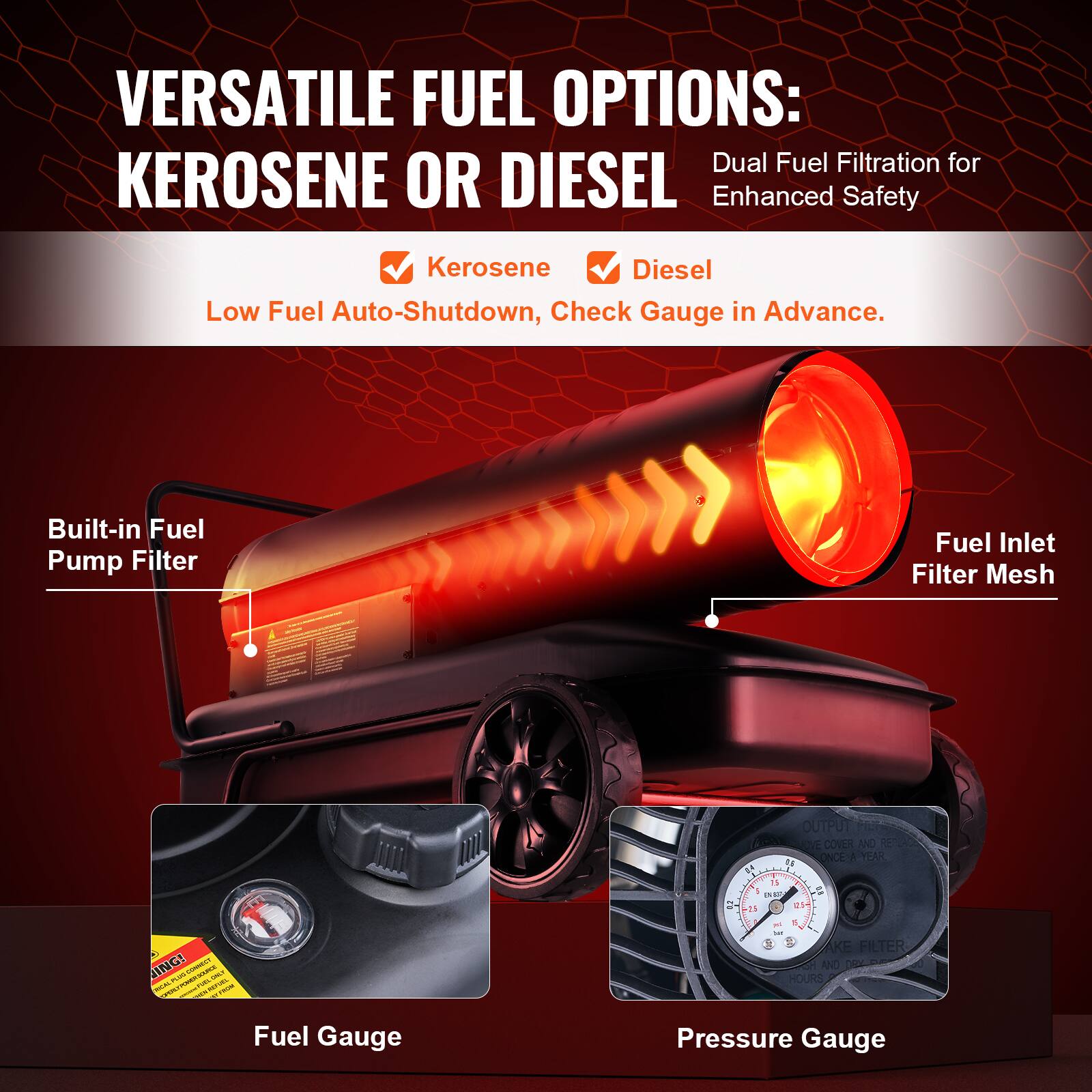 VERSATILE FUEL OPTIONS:  
KEROSENE OR DIESEL  

Dual Fuel Filtration for Enhanced Safety  

- Kerosene  
- Diesel  

Low Fuel Auto-Shutdown, Check Gauge in Advance.  

Built-in Fuel Pump Filter  
Fuel Inlet Filter Mesh  
Fuel Gauge  
Pressure Gauge