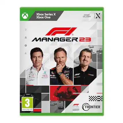 Xbox Series X Xbox One SMART DELIVERY
F1 MANAGER 23
1. RS 14
S UBS
SARTOOWR
Coderacon PT INEOS
Mobill no
DRACLE
YB'T
N2
HMS
F I 3
www.pegi.info
EO 04
VW
Formula 1
FRONTIER
LICENSED PRODUCT - E (Everyone)