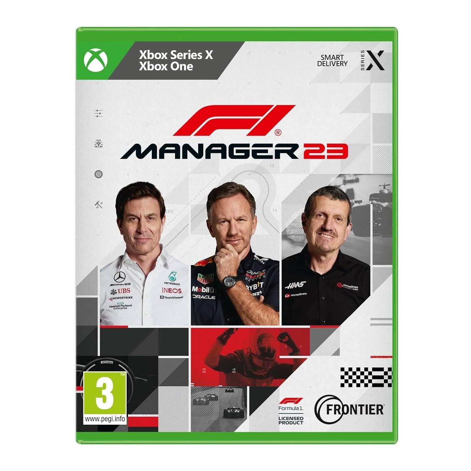Xbox Series X Xbox One SMART DELIVERY

F1 MANAGER 23

1. RS 14
S UBS
SARTOOWR

Coderacon PT INEOS
Mobill no
DRACLE
YB'T
N2
HMS

F I 3

www.pegi.info

EO 04
VW
Formula 1
FRONTIER
LICENSED PRODUCT - E (Everyone)