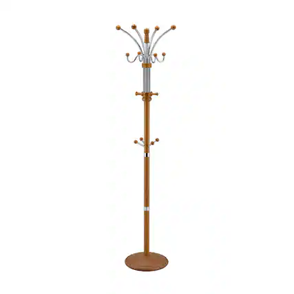 Front. ALEXOUN - 73" Chrome & Oak Coat Rack - Composite Wood Standing Hanger, 60 lbs Capacity, 19" Base, 1pc - Oak.