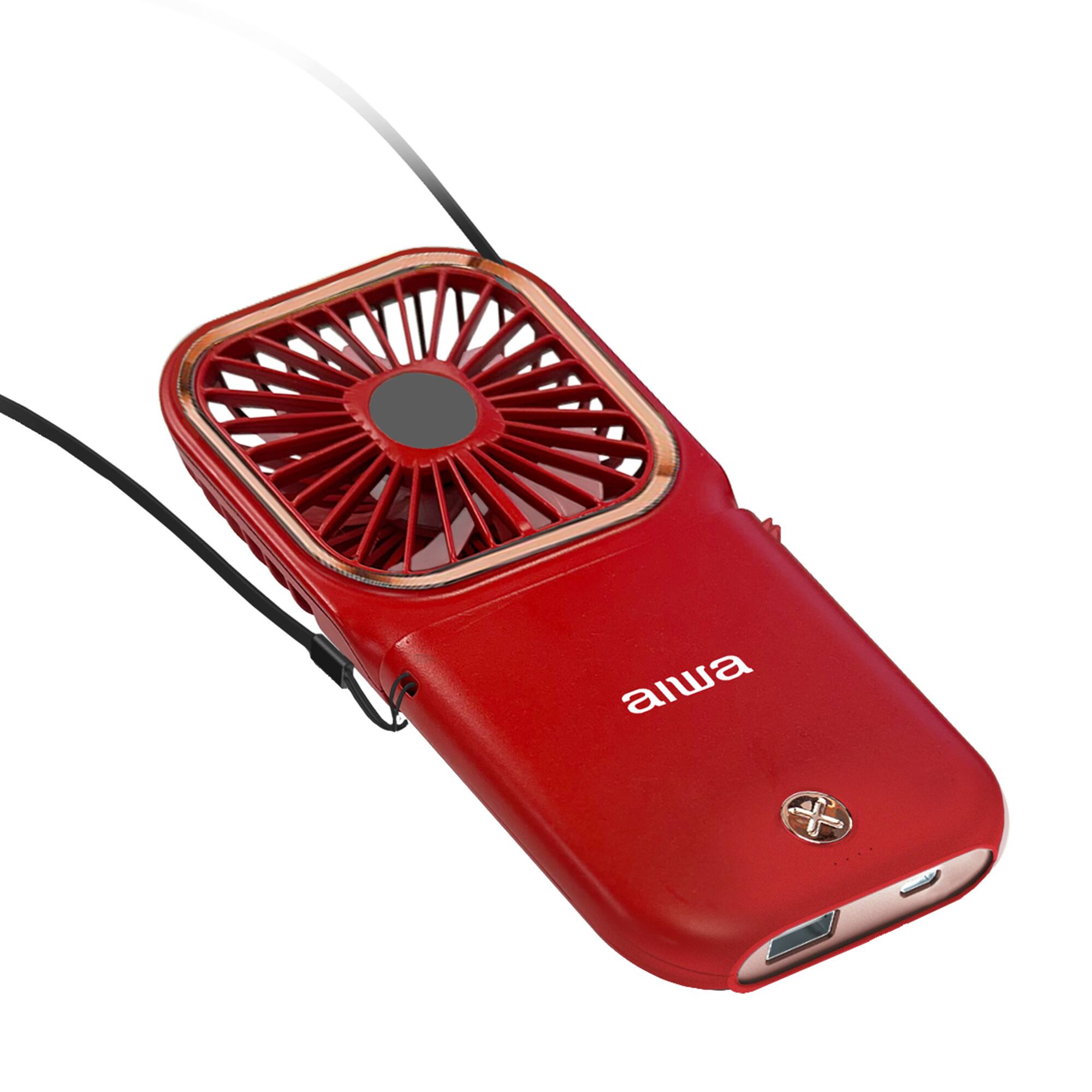 Alt View 3. Aiwa - Aiwa 4000mAh Portable Fan & Power Bank with Neck Strap, 3-Speed Foldable Personal Fan, Phone Stand & 180 Adjustable Tilt - Red.