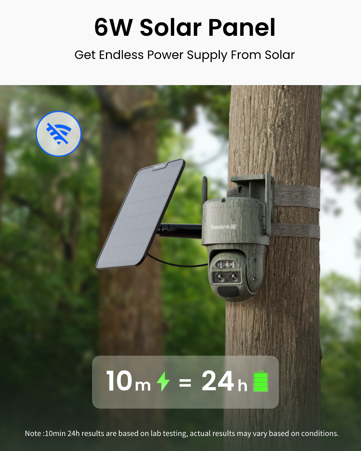 6W Solar Panel  
Get Endless Power Supply From Solar

Reolink 4K

10m = 24h

Note: 10min 24h results are based on lab testing, actual results may vary based on conditions.