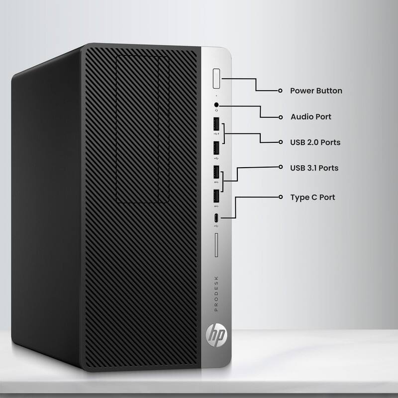 Power Button  
Audio Port  
USB 2.0 Ports  
USB 3.1 Ports  
Type C Port  

PRODESK  
hp