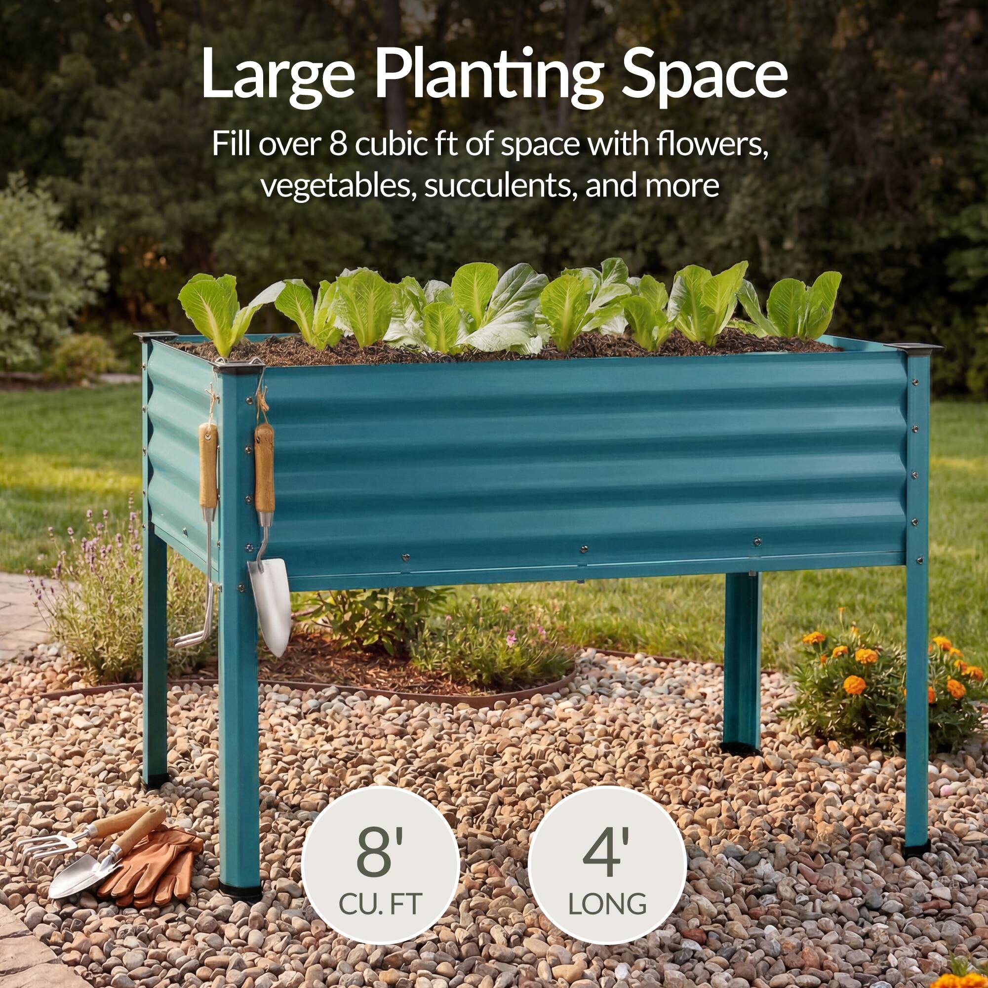 Large Planting Space  
Fill over 8 cubic ft of space with flowers, vegetables, succulents, and more  
8' CU. FT  
4' LONG