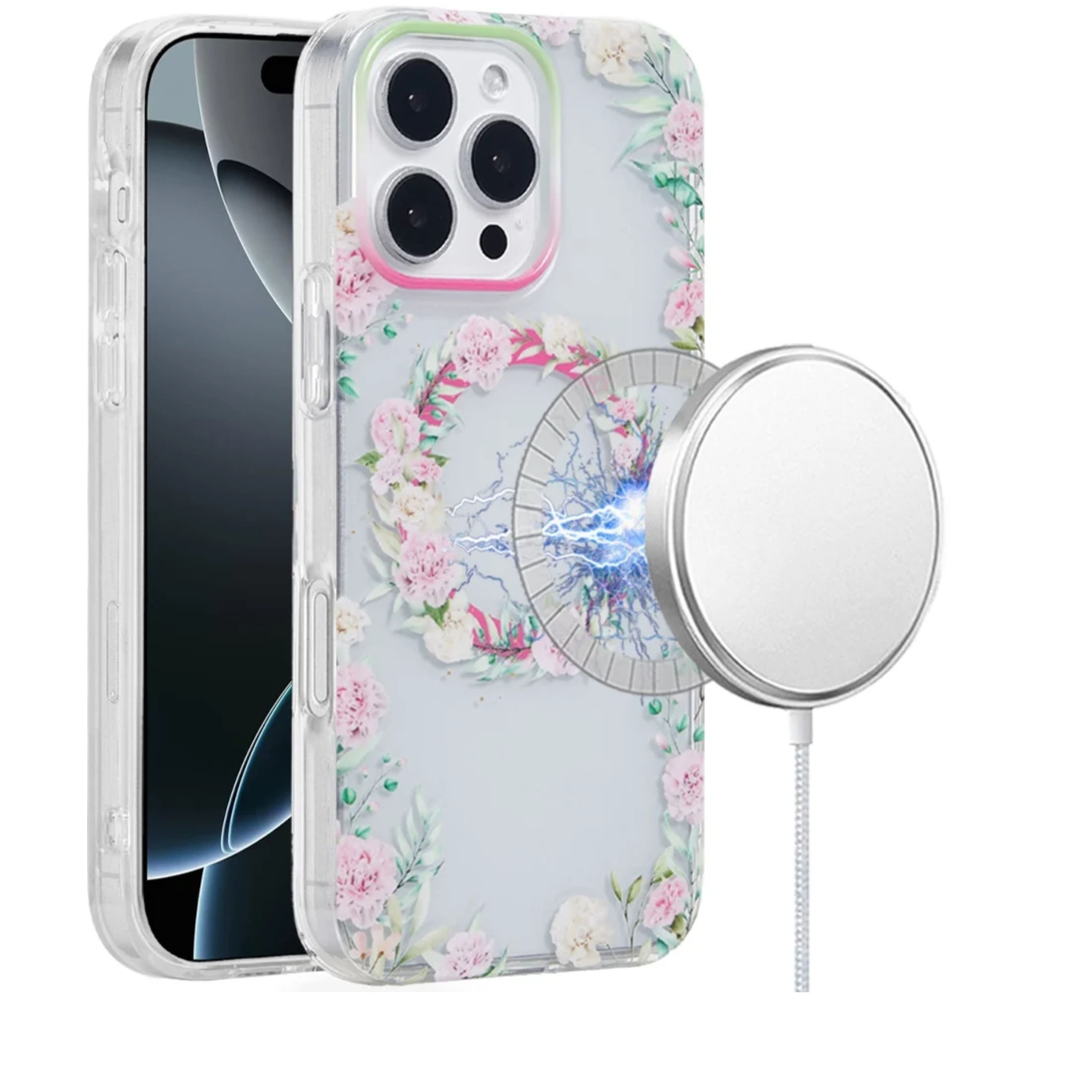 Kitcheniva - 2 Layer TPU Design Magnetic Circle Phone Case With Tempered Glass For iPhone 16 Pro 6.3 Inch Floral - Purple