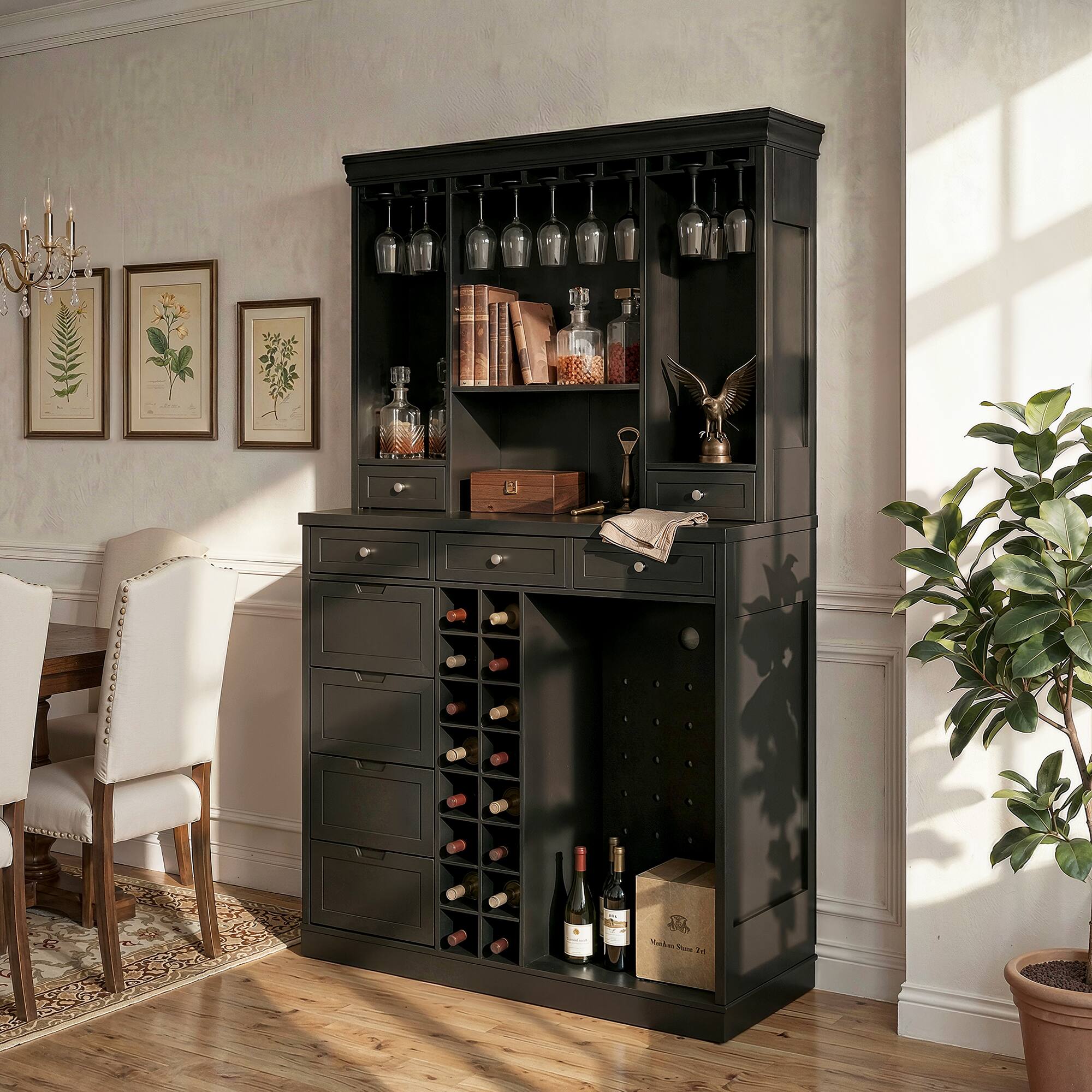 Alt View 8. Famapy - 78" Tall American Style Wine Cabinet with Storage – Fits Wine Fridge, Glass Rack, 16 Bottle Cubby, Drawers - Black.