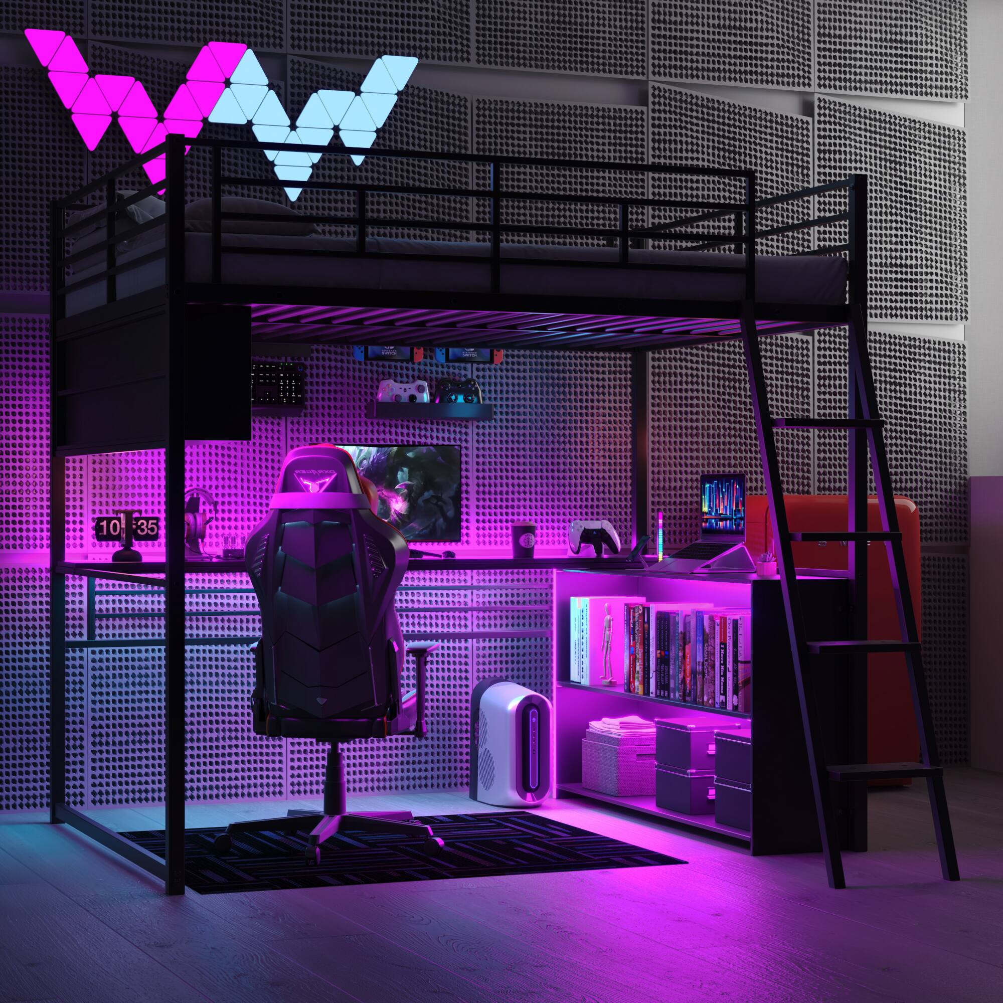 Left. Anysun - Full Size Metal Loft Bed with LED, Desk & 4 Storage Shelves, Space-Saving Bed for Kids Room or Bedroom - Black.