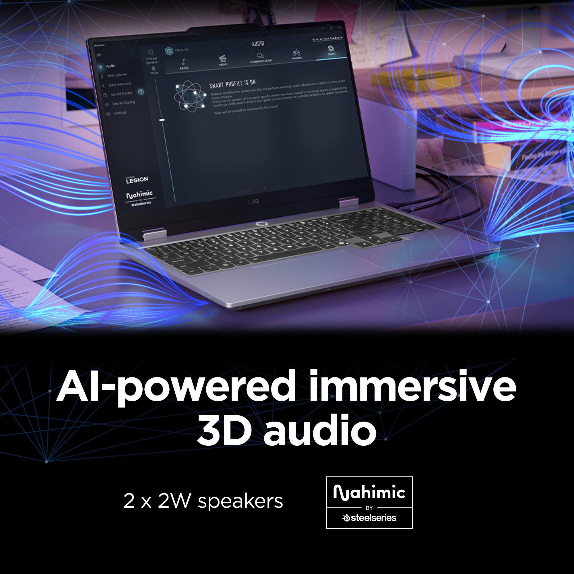 The text on the image reads: "Al-powered immersive 3D audio 2 X 2W speakers Nahimic BY @steelseries." This suggests that the image is promoting a product or service related to 3D audio and immersive sound experiences, possibly in the context of gaming or multimedia. The presence of the laptop in the image further supports this idea, as it could be used for playing games or watching videos with enhanced audio.