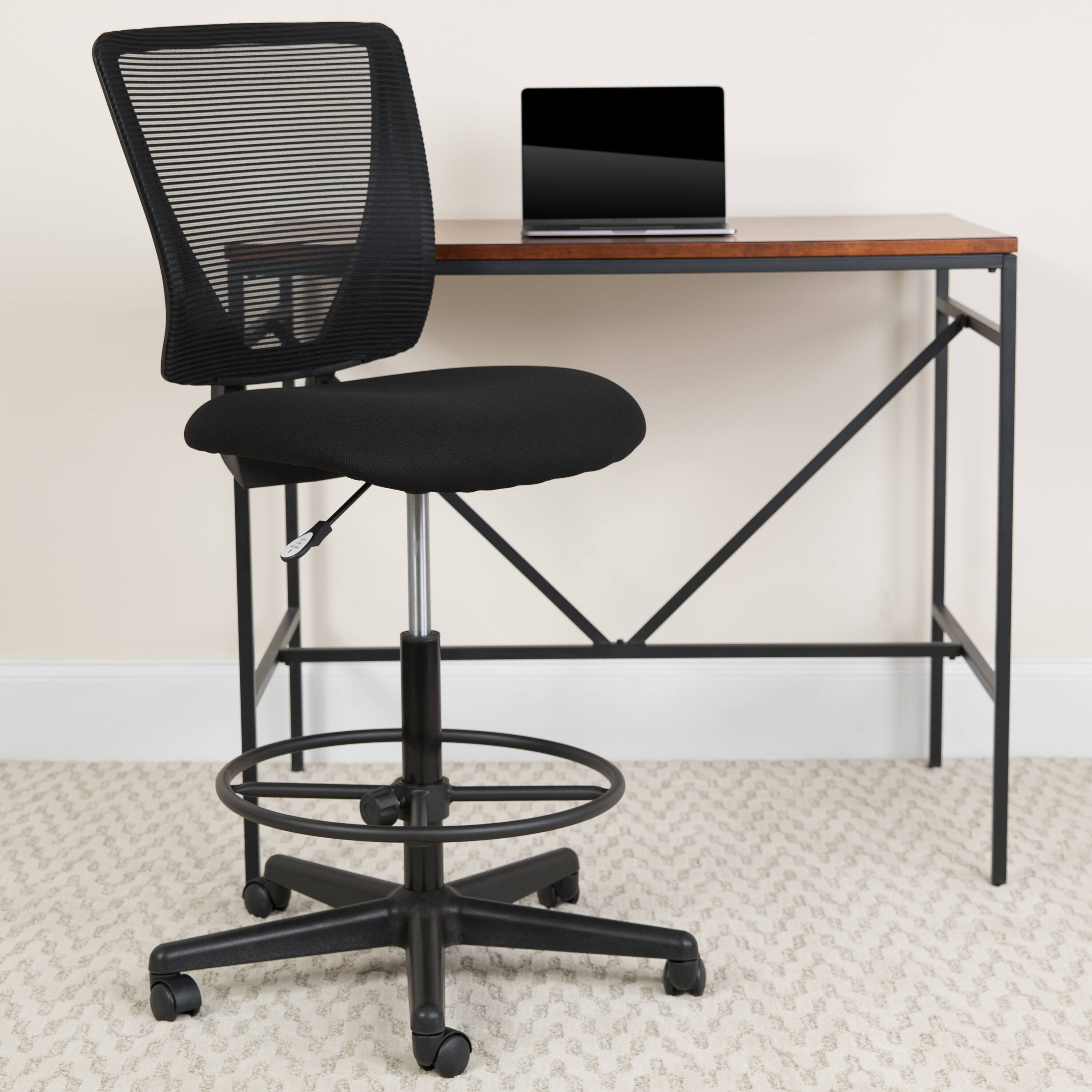 Alt View 1. Emma + Oliver - Ergonomic Mid-Back Mesh Drafting Chair with Fabric Seat and Adjustable Foot Ring - Black.