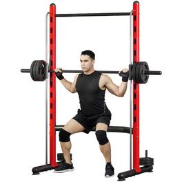 Soozier - Squat Rack with Pull-Up Bar, Adjustable Power Rack with Barbell Bar, Multi-Functional Bench Press Rack - Red