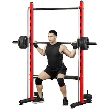 Front. Soozier - Squat Rack with Pull-Up Bar, Adjustable Power Rack with Barbell Bar, Multi-Functional Bench Press Rack - Red.