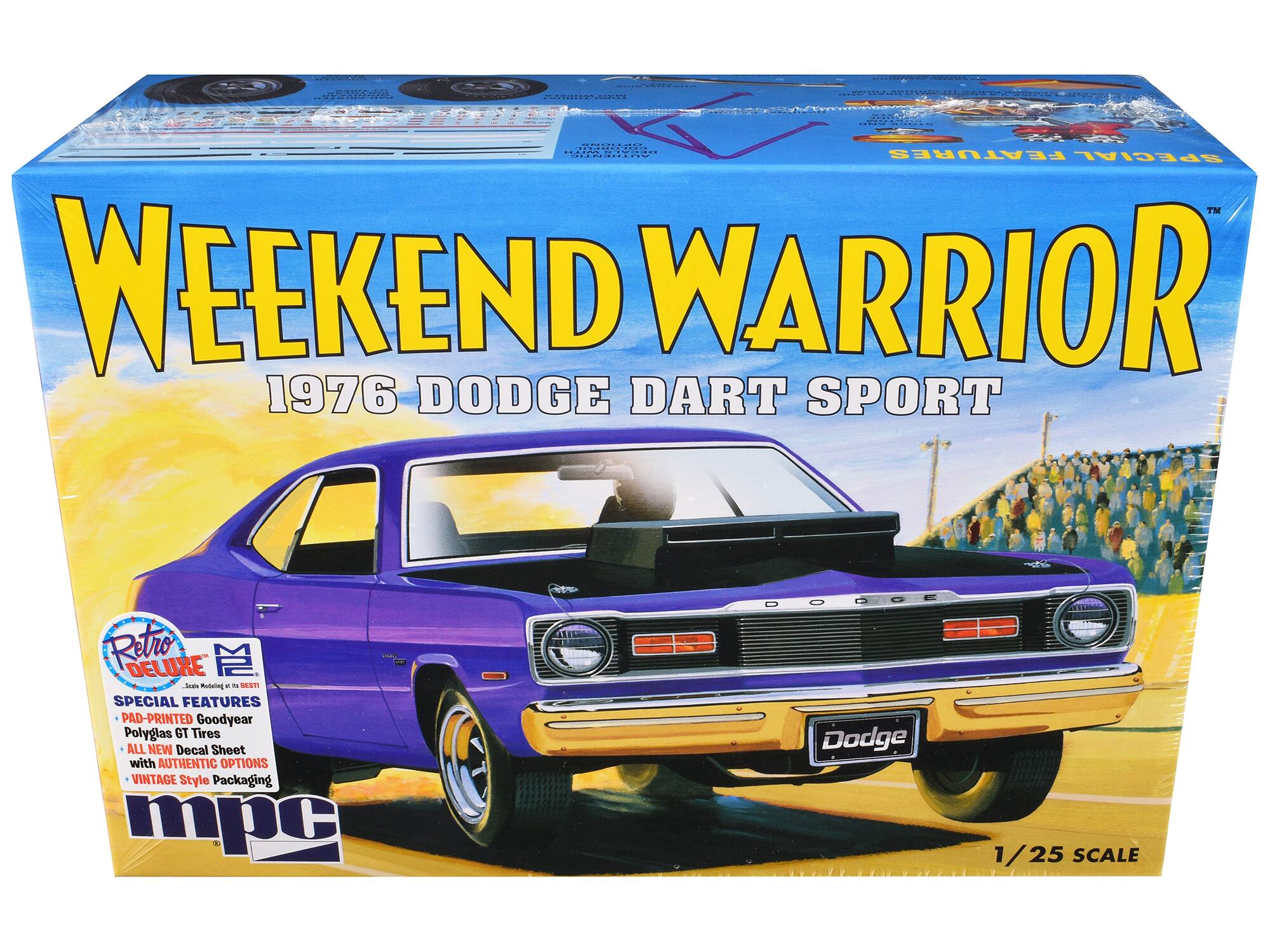 E AU7 . : 0........ | FEATURES SPECIAL TM WEEKEND WARRIOR 1976 DODGE DART SPORT N Petro DELUKE   -. Rdrin . - BAT SPECIAL FEATURES PAD-PRINTED Goodyear Polyglas GT Tires ALL NEW Decal Sheet with AUTHENTIC OPTIONS VINTAGE Style Packaging mpc ODCE  D O Dodge 1/25 SCALE