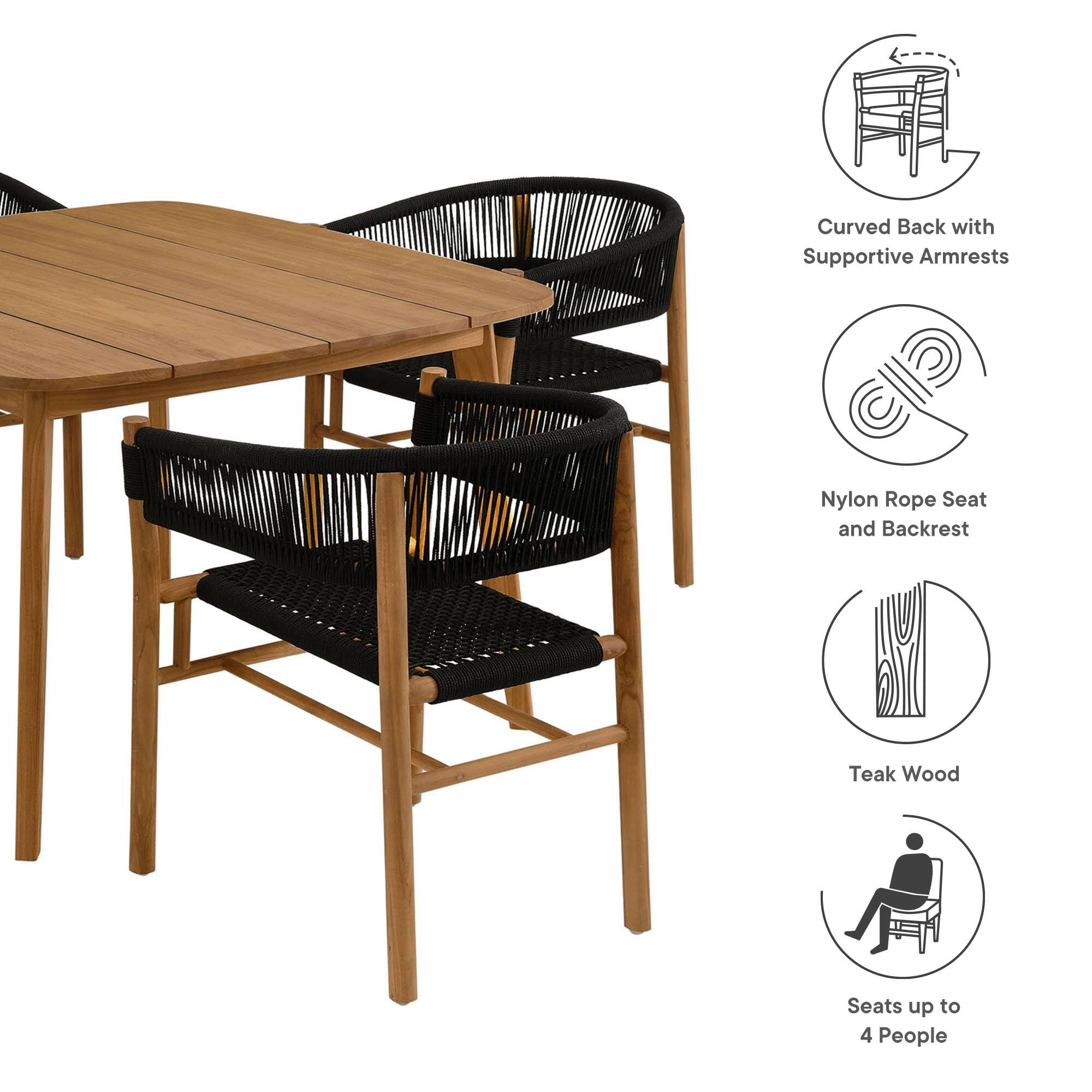 Curved Back with Supportive Armrests  
Nylon Rope Seat and Backrest  
Teak Wood  
Seats up to 4 People