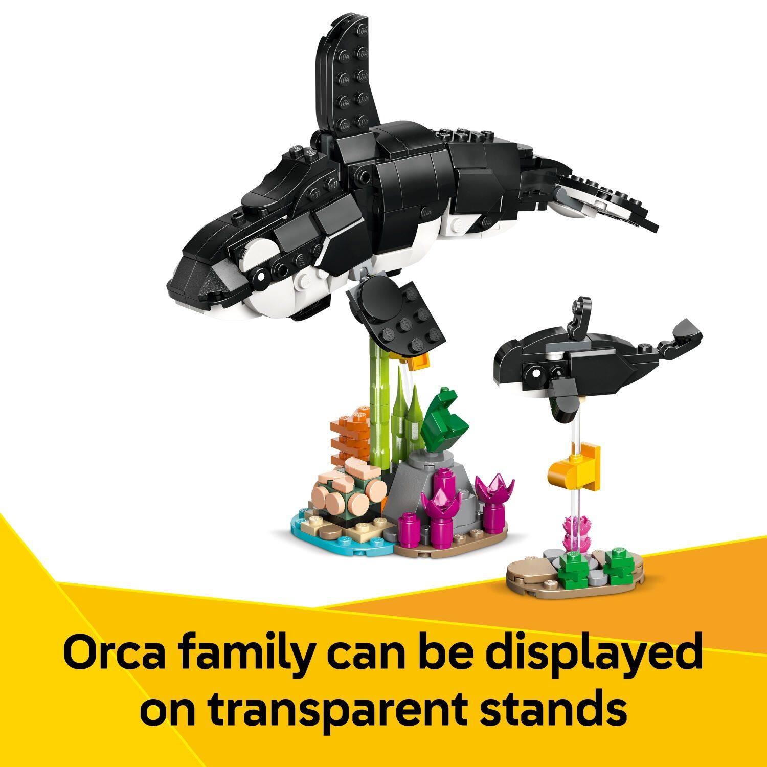 Orca family can be displayed on transparent stands.