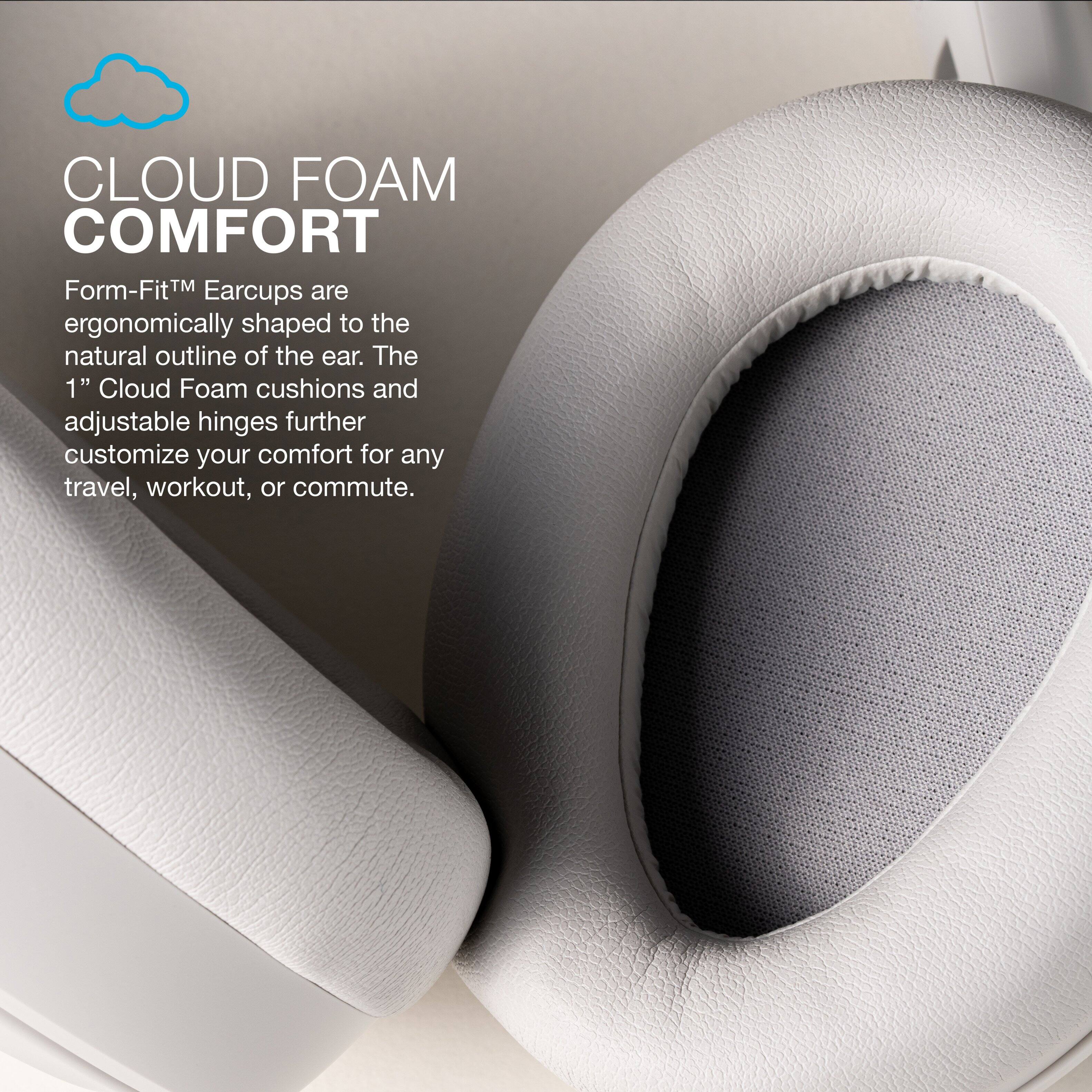 Cloud Foam Comfort: Form-FitTM Earcups are ergonomically shaped to the natural outline of the ear. The 1" Cloud Foam cushions and adjustable hinges further customize your comfort for any travel, workout, or commute.