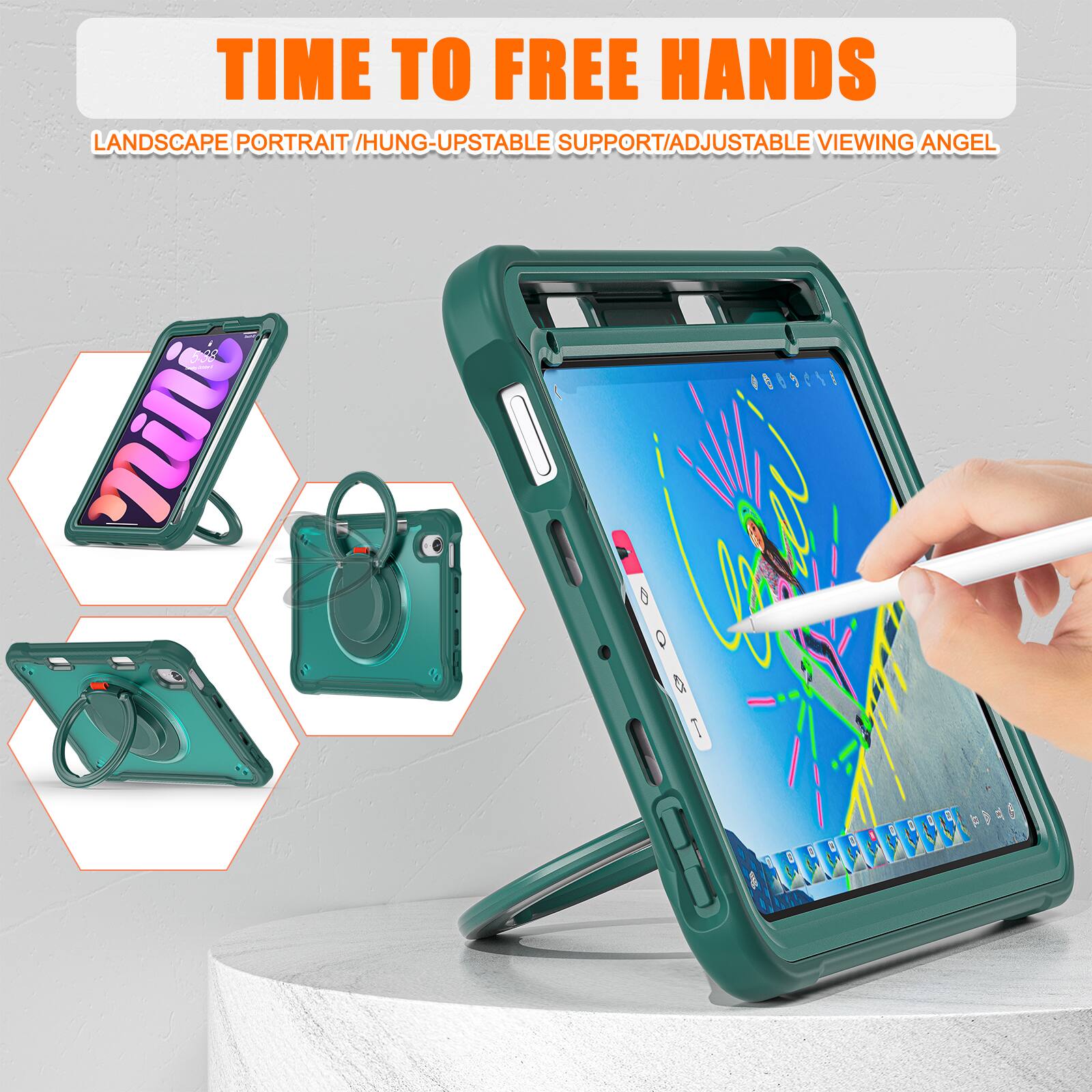 TIME TO FREE HANDS  
LANDSCAPE PORTRAIT / HUNG-UPSTABLE SUPPORT / ADJUSTABLE VIEWING ANGLE