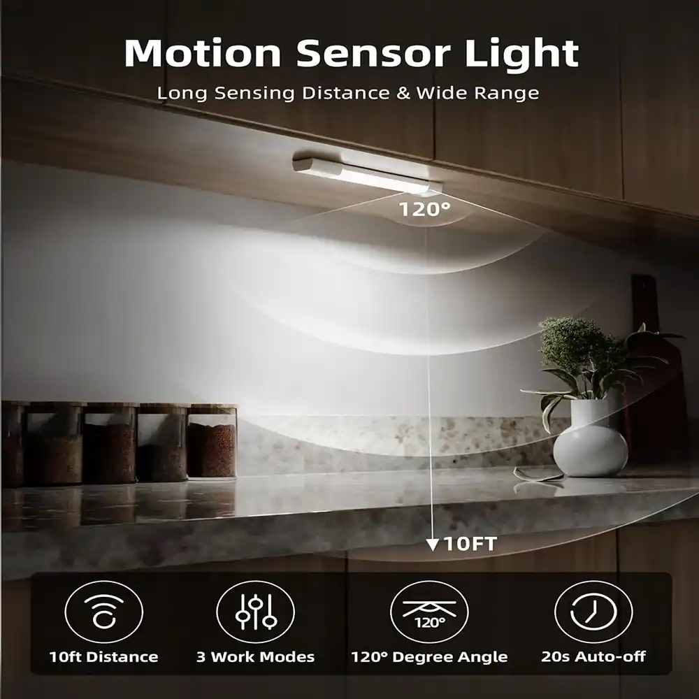 Motion Sensor Light  
Long Sensing Distance & Wide Range  

- 10ft Distance  
- 3 Work Modes  
- 120° Degree Angle  
- 20s Auto-off