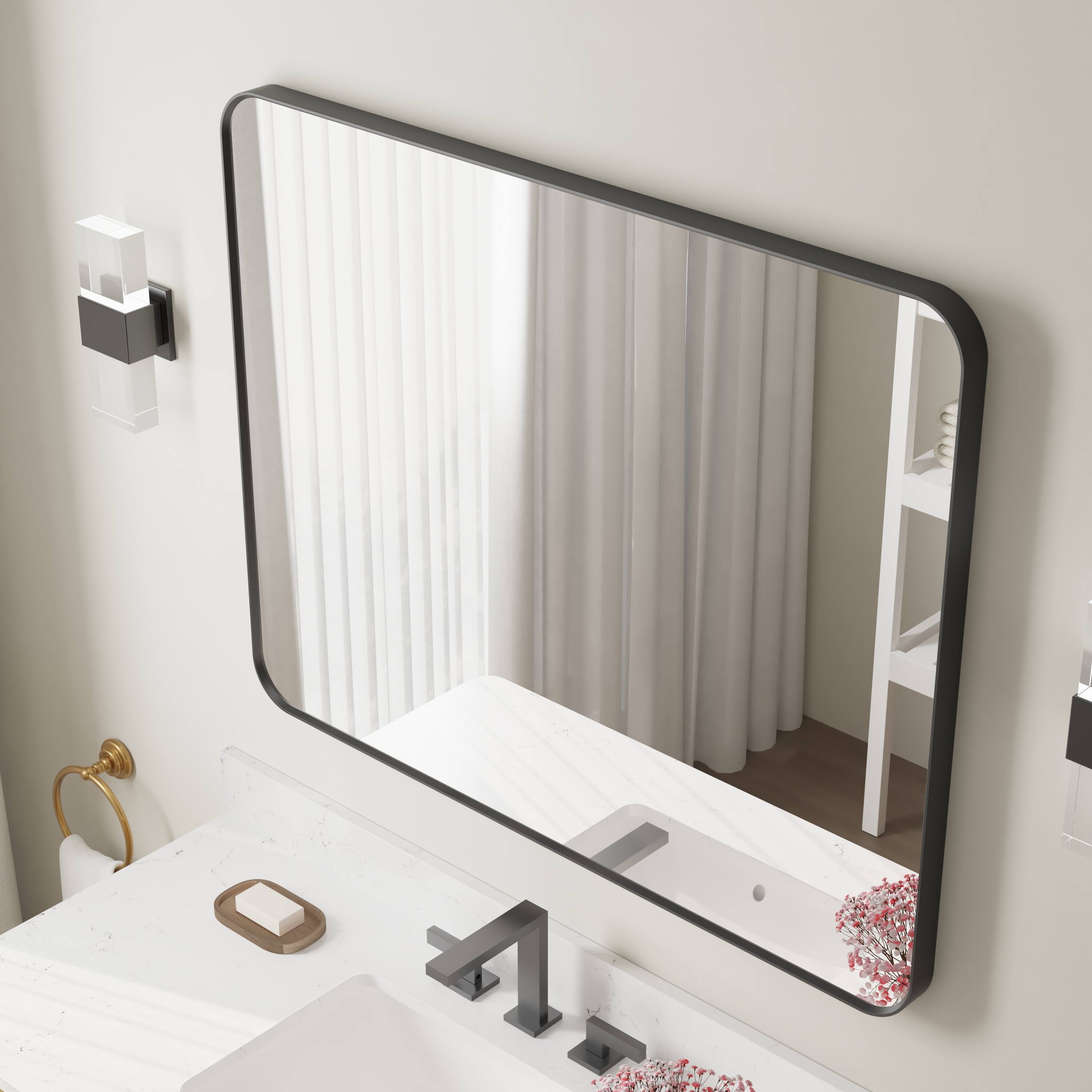 Back. WELLFOR - 40 in. W. x 32 in. H Rectangular Aluminum Framed Wall-Mounted Bathroom Vanity Mirror - Matte Black.