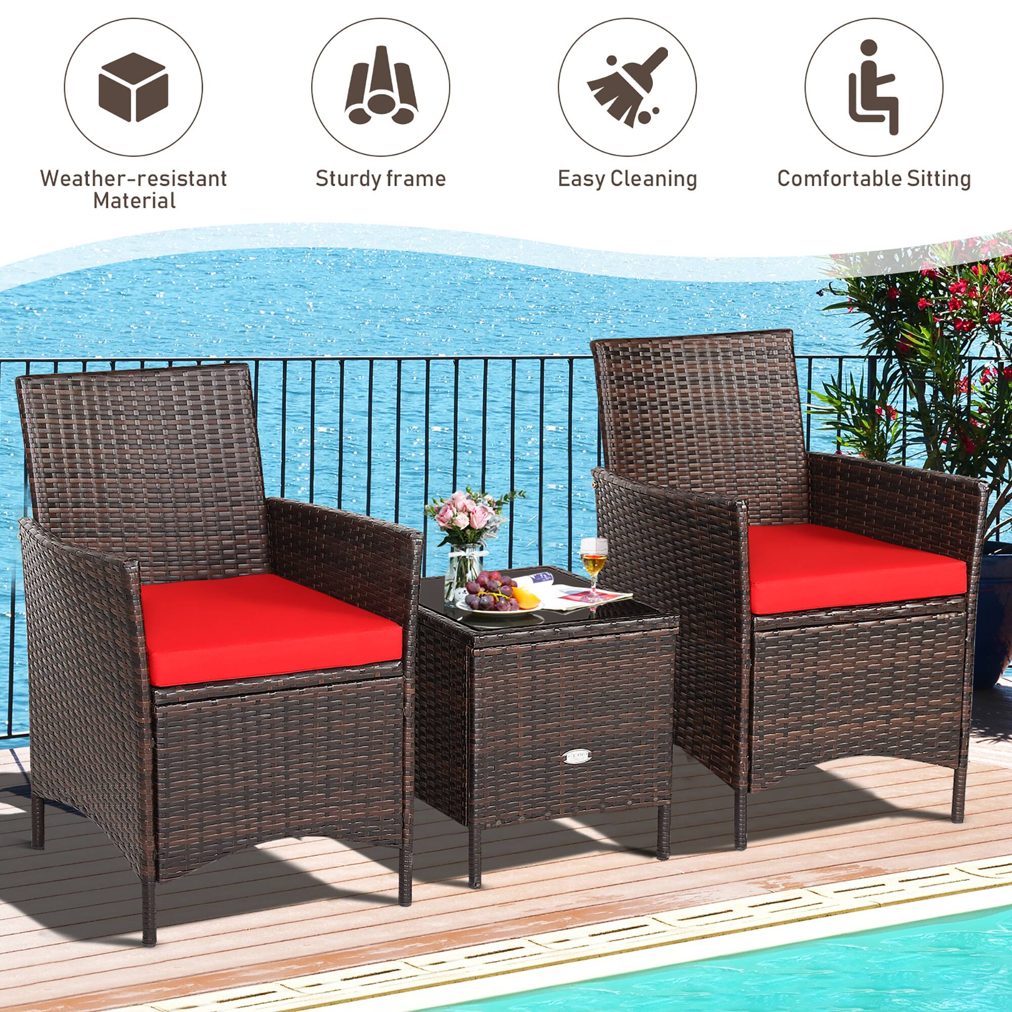 Weather-resistant material, sturdy frame, easy cleaning, comfortable sitting.