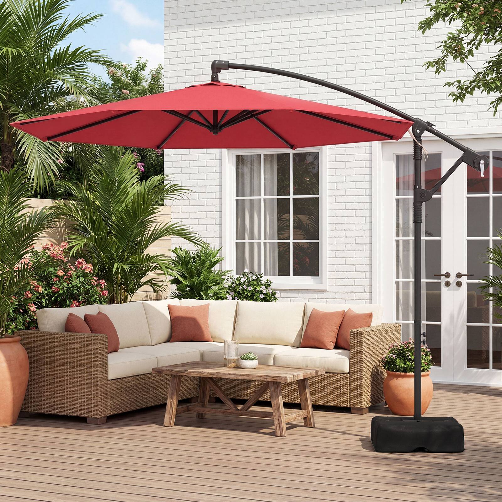 Alt View 3. Costway - Costway 10 FT Offset Hanging Umbrella with Base Patio Cantilever Umbrella 360° Rotation - Red.