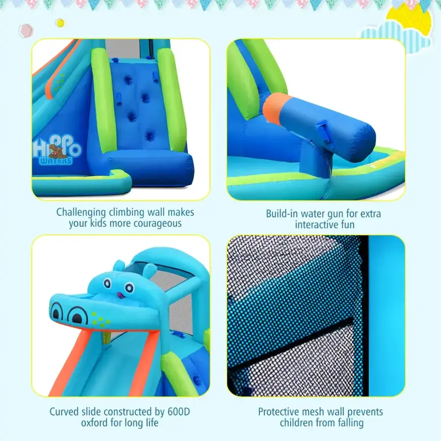 The text on the image is grouped and corrected as follows:

1. Challenging climbing wall makes your kids more courageous.
2. Build-in water gun for extra interactive fun.
3. Curved slide constructed by 600D oxford for long life.
4. Protective mesh wall prevents children from falling.