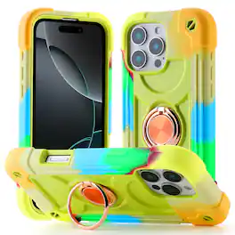 UUCOVER - Rugged Protective Case for Apple iPhone 16 Pro Max,Shockproof Double Ring Stand Case Heavy Duty Silicone +PC Back Cover - Yellow Green