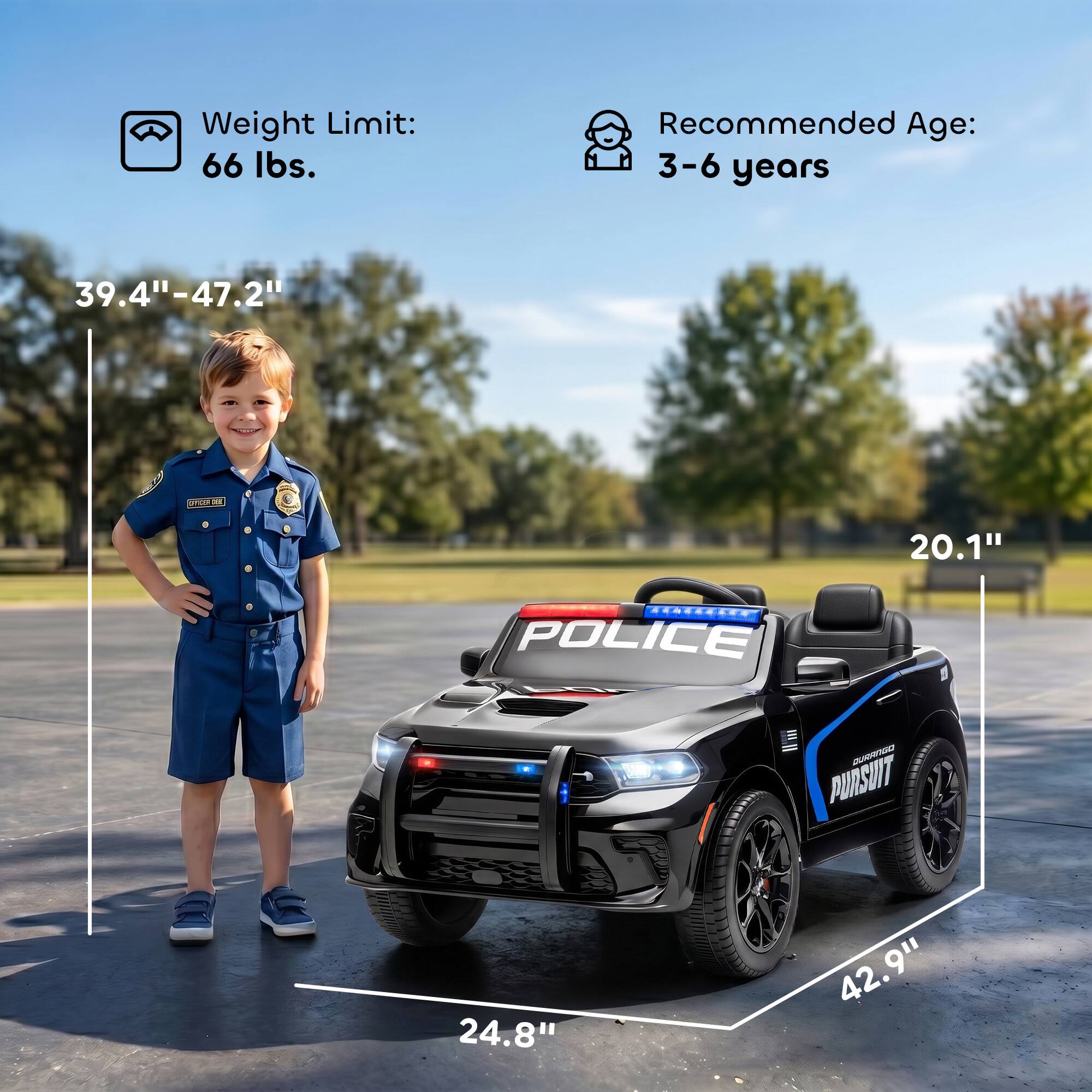 Weight Limit: 66 lbs.  
Recommended Age: 3-6 years  
39.4"-47.2"  
20.1"  
24.8"  
42.9"  
9"